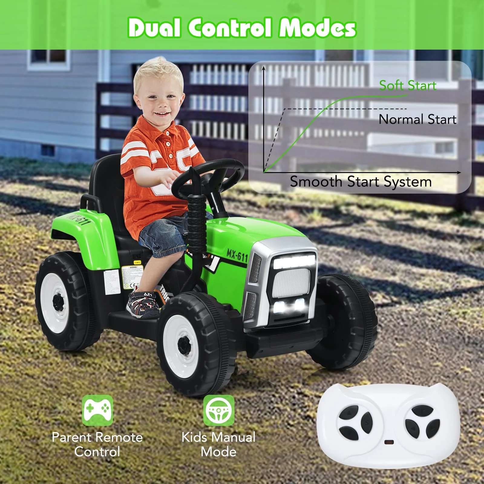 HONEY JOY Kids Ride On Car, 12V Electric Ride On Tractor with Trailer for Children, Electric Toy Car for Over 3 w/Remote Control - Image 3