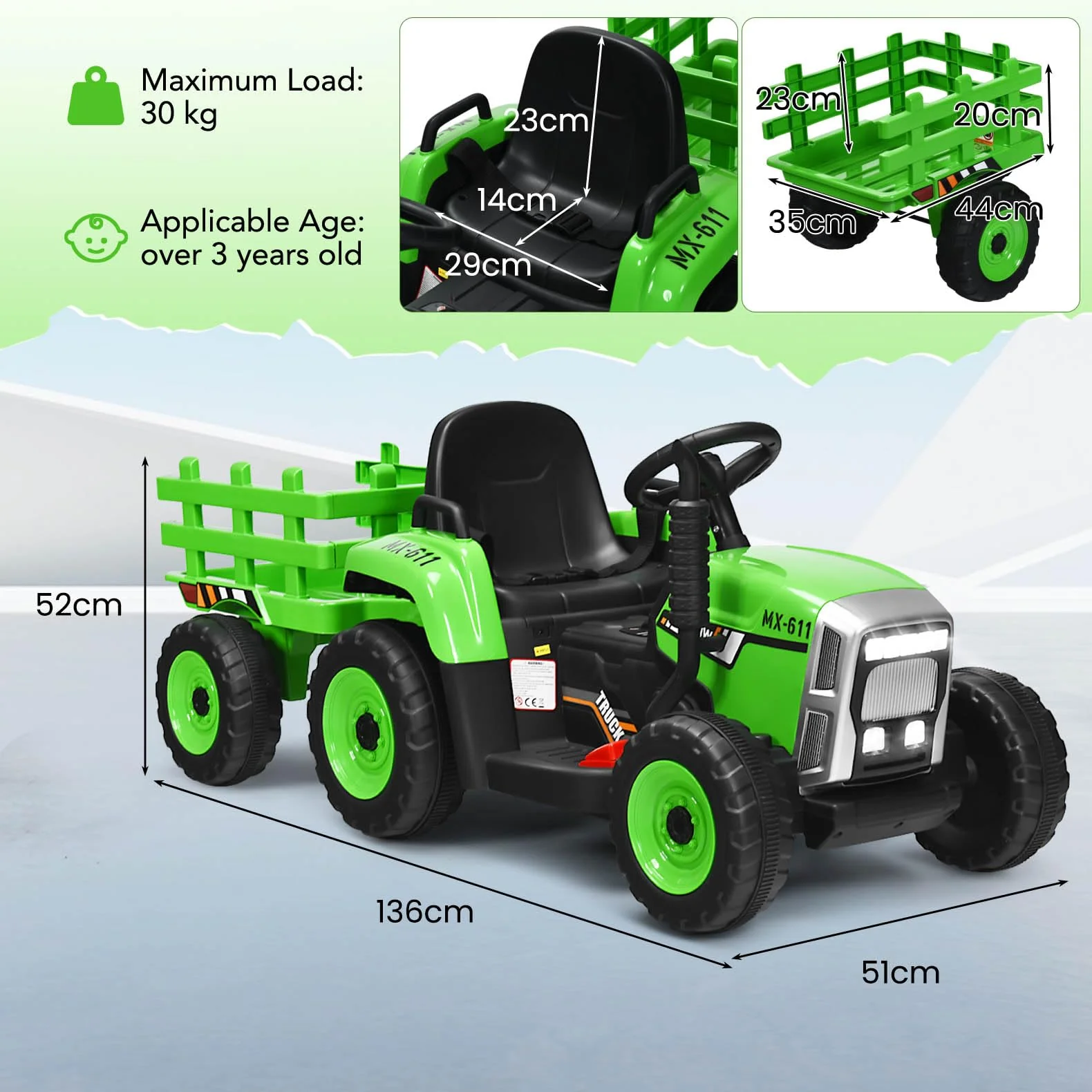 HONEY JOY Kids Ride On Car, 12V Electric Ride On Tractor with Trailer for Children, Electric Toy Car for Over 3 w/Remote Control - Image 5