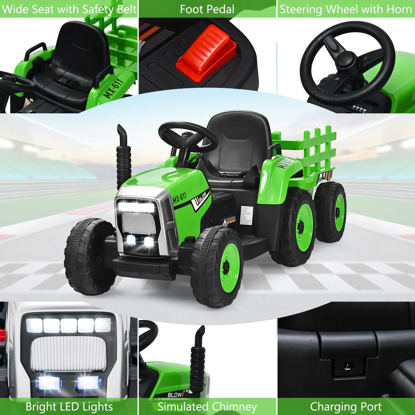 HONEY JOY Kids Ride On Car, 12V Electric Ride On Tractor with Trailer for Children, Electric Toy Car for Over 3 w/Remote Control - Image 7