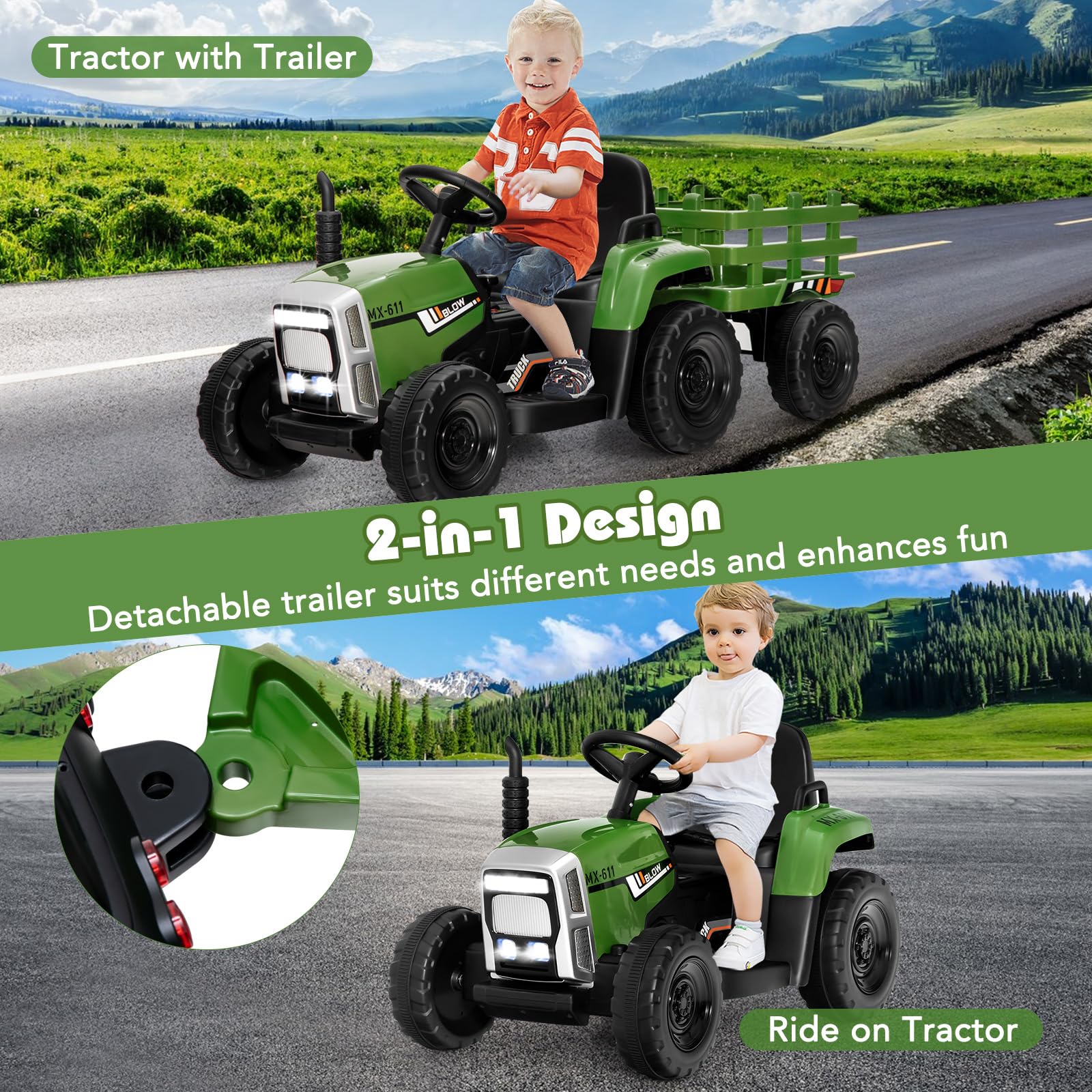HONEY JOY Kids Ride On Car, 12V Electric Ride On Tractor with Trailer for Children, Electric Toy Car for Over 3 w/Remote Control - Image 9