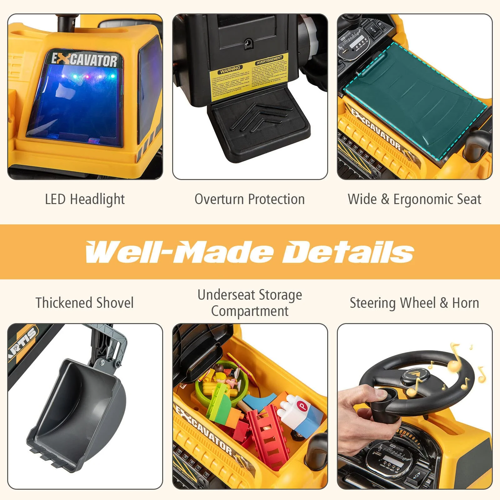 HONEY JOY Kids Ride On Car, 6V Excavator Toy for Children w/Rotating Seat - Image 3