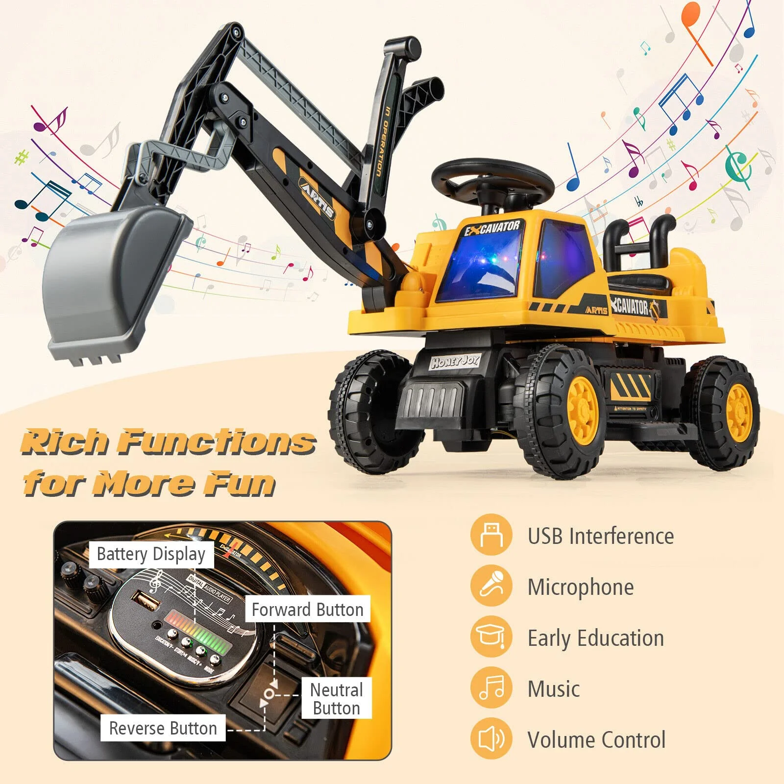 HONEY JOY Kids Ride On Car, 6V Excavator Toy for Children w/Rotating Seat - Image 4