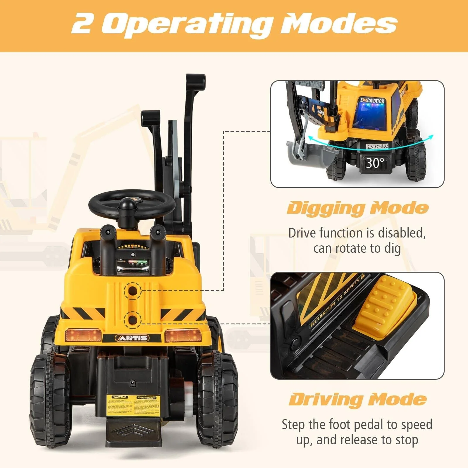 HONEY JOY Kids Ride On Car, 6V Excavator Toy for Children w/Rotating Seat - Image 5