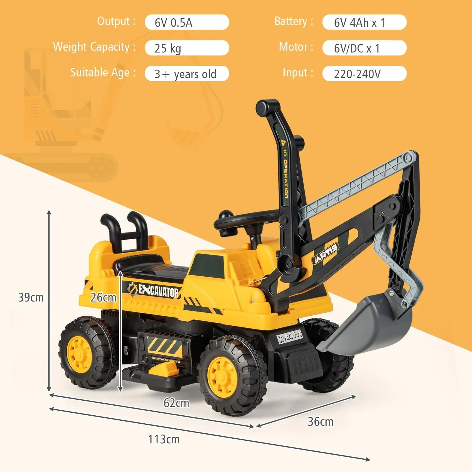 HONEY JOY Kids Ride On Car, 6V Excavator Toy for Children w/Rotating Seat - Image 6