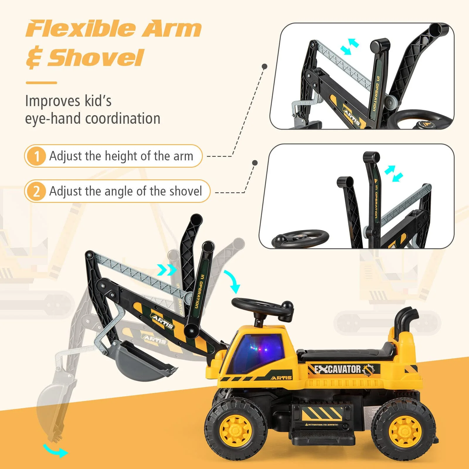 HONEY JOY Kids Ride On Car, 6V Excavator Toy for Children w/Rotating Seat - Image 7