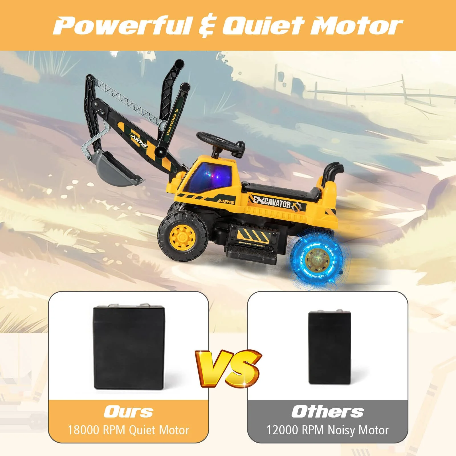 HONEY JOY Kids Ride On Car, 6V Excavator Toy for Children w/Rotating Seat - Image 9
