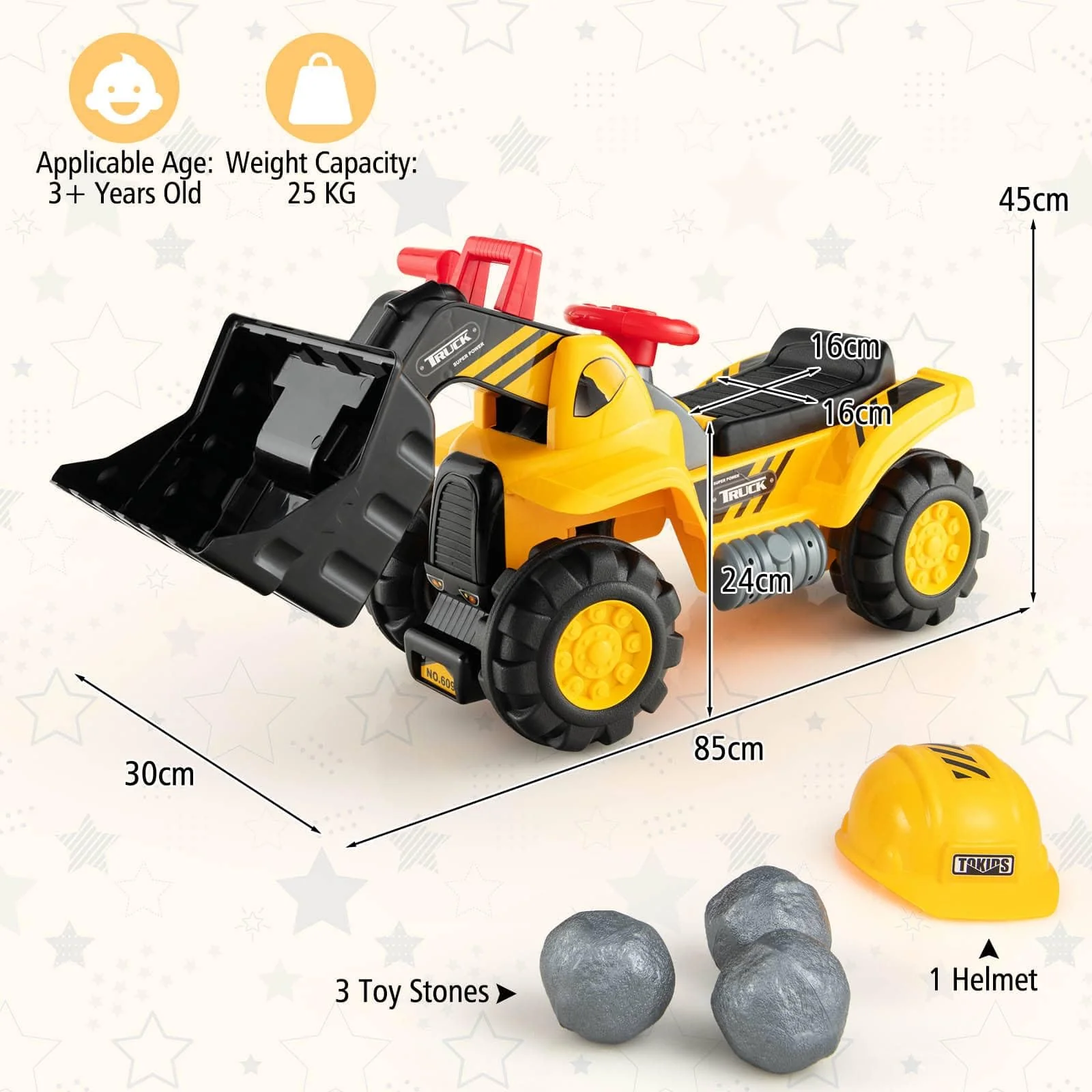 HONEY JOY Kids Ride on Excavator, Construction Digger Pulling Cart with Helmet, 3 Toy Stones - Image 9