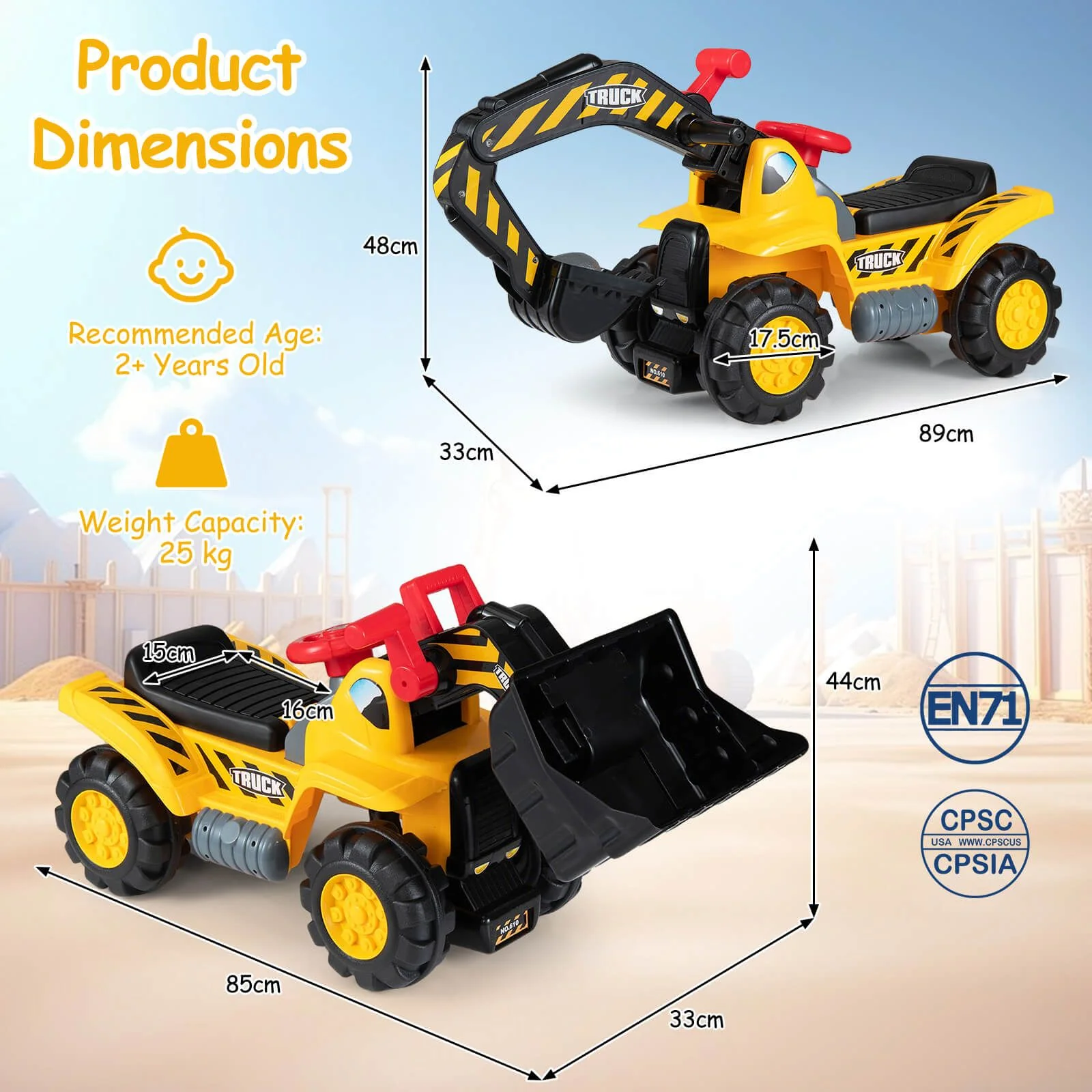 HONEY JOY Kids Ride On Excavator, Outdoor Digger Scooper Pulling Cart W/Safety Helmet Horn Underneath Storage - Image 10