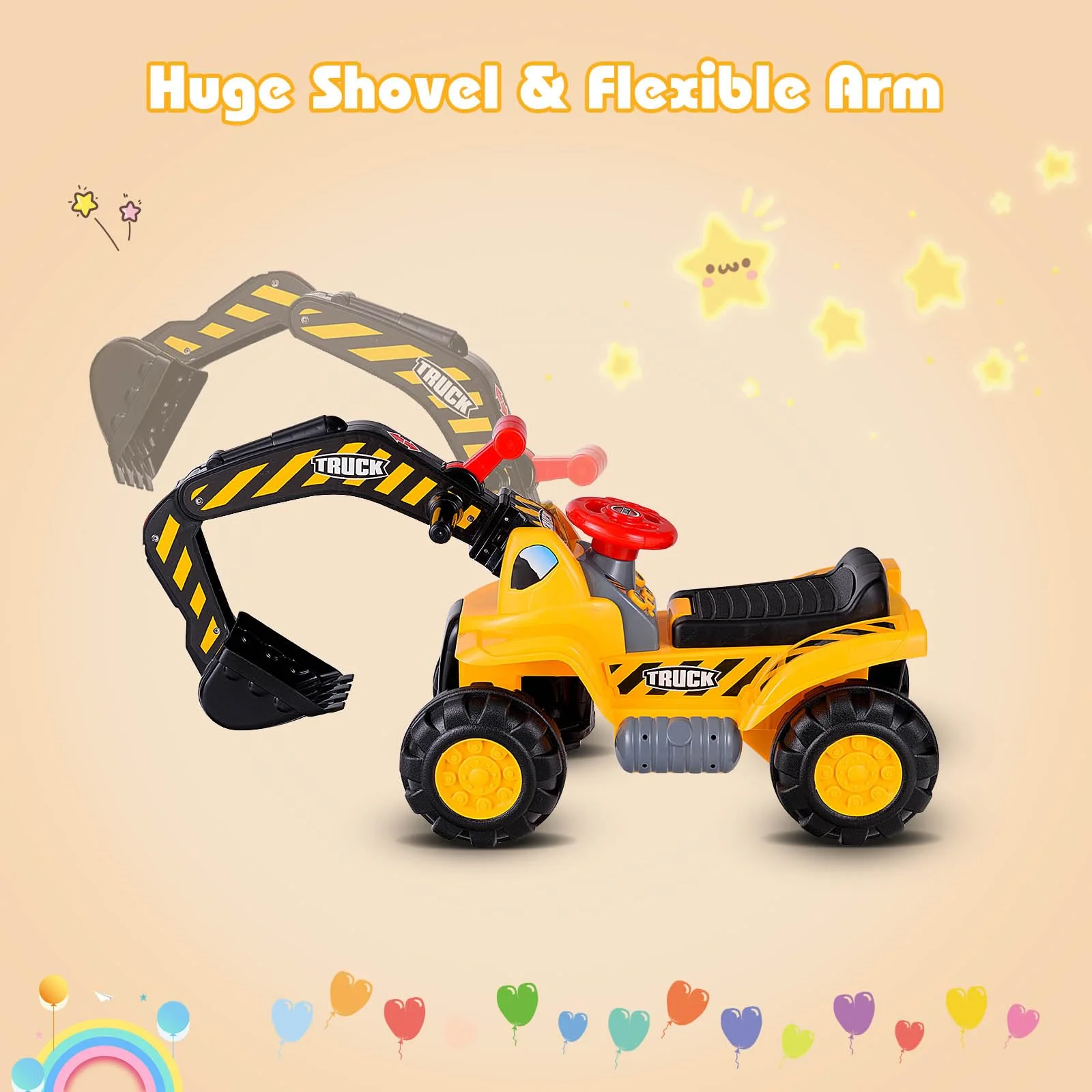HONEY JOY Kids Ride On Excavator, Outdoor Digger Scooper Pulling Cart W/Safety Helmet Horn Underneath Storage - Image 3