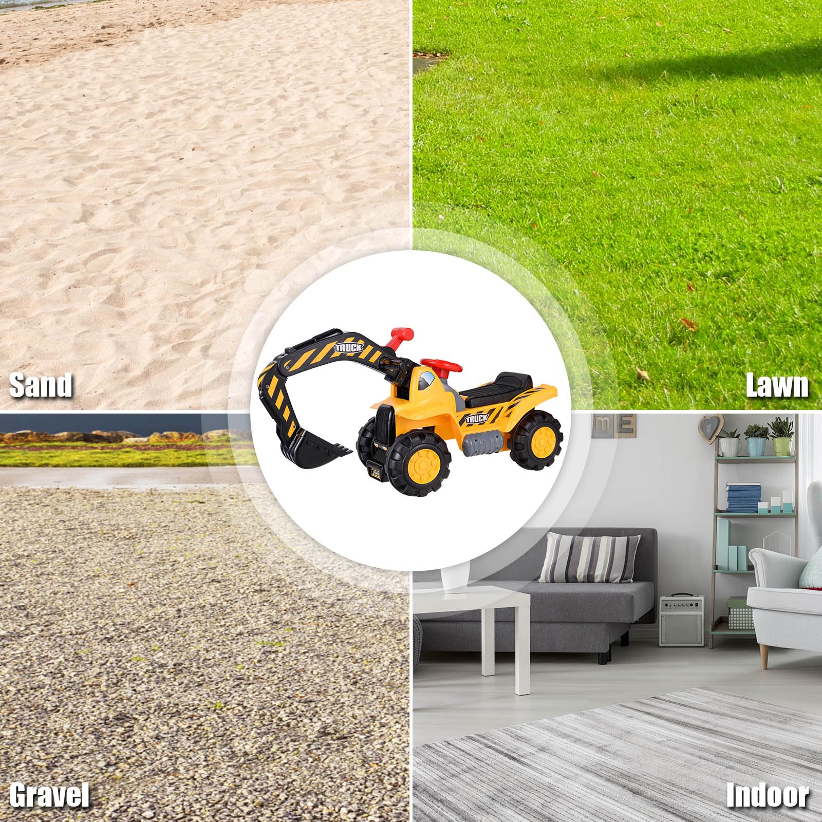 HONEY JOY Kids Ride On Excavator, Outdoor Digger Scooper Pulling Cart W/Safety Helmet Horn Underneath Storage - Image 4
