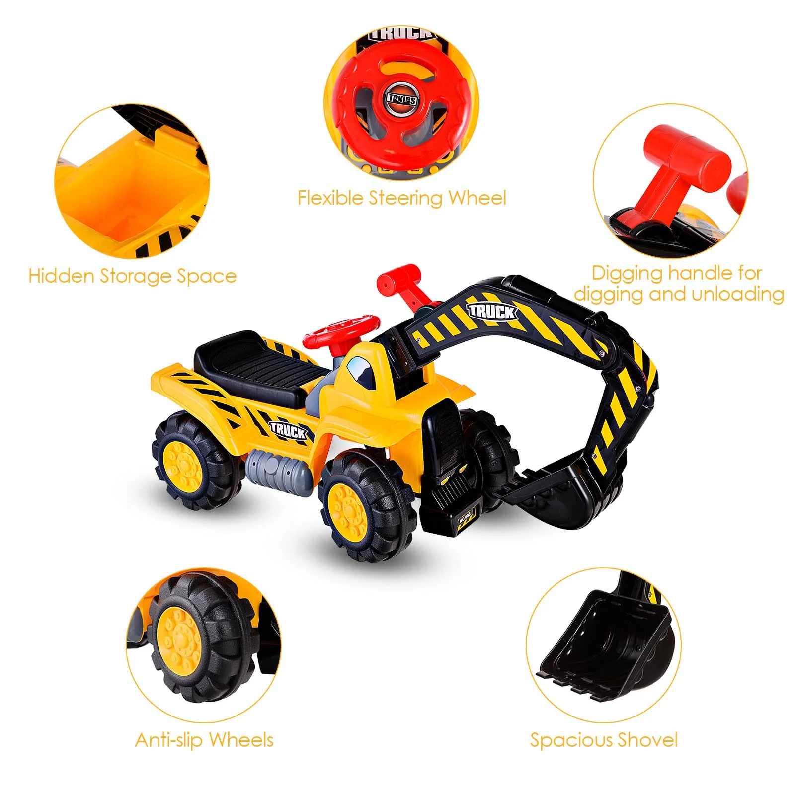HONEY JOY Kids Ride On Excavator, Outdoor Digger Scooper Pulling Cart W/Safety Helmet Horn Underneath Storage - Image 5