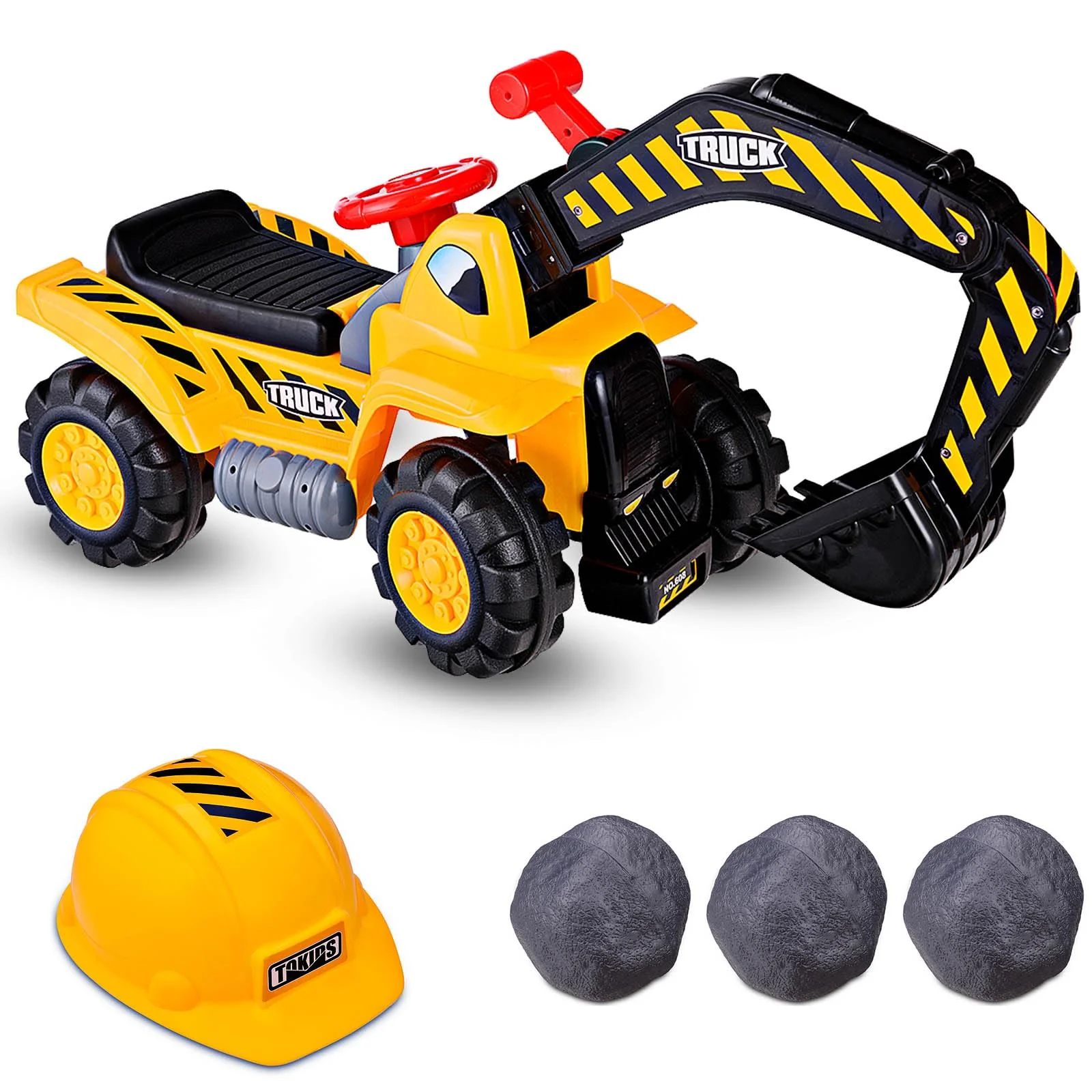 HONEY JOY Kids Ride On Excavator, Outdoor Digger Scooper Pulling Cart W/Safety Helmet Horn Underneath Storage - Image 6