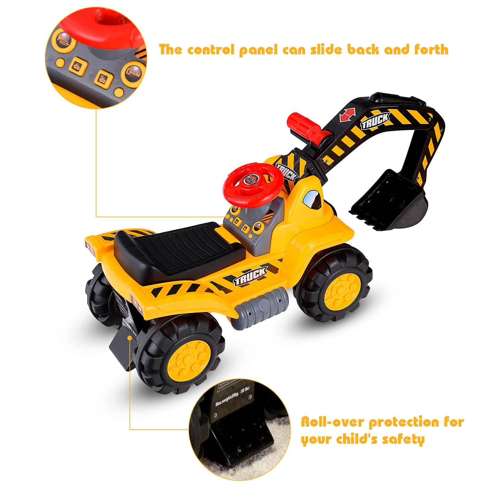 HONEY JOY Kids Ride On Excavator, Outdoor Digger Scooper Pulling Cart W/Safety Helmet Horn Underneath Storage - Image 7