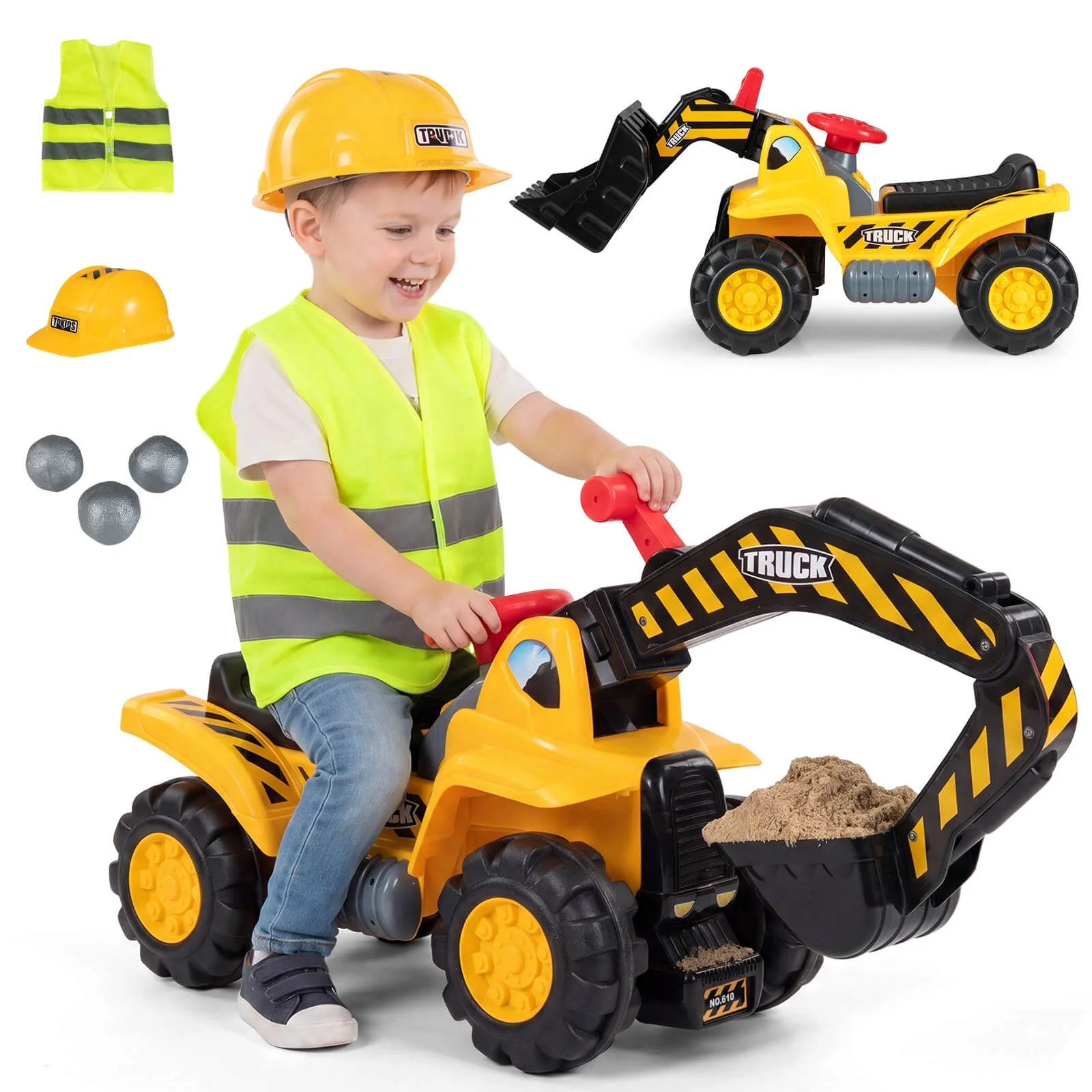 HONEY JOY Kids Ride On Excavator, Outdoor Digger Scooper Pulling Cart W/Safety Helmet Horn Underneath Storage - Image 9