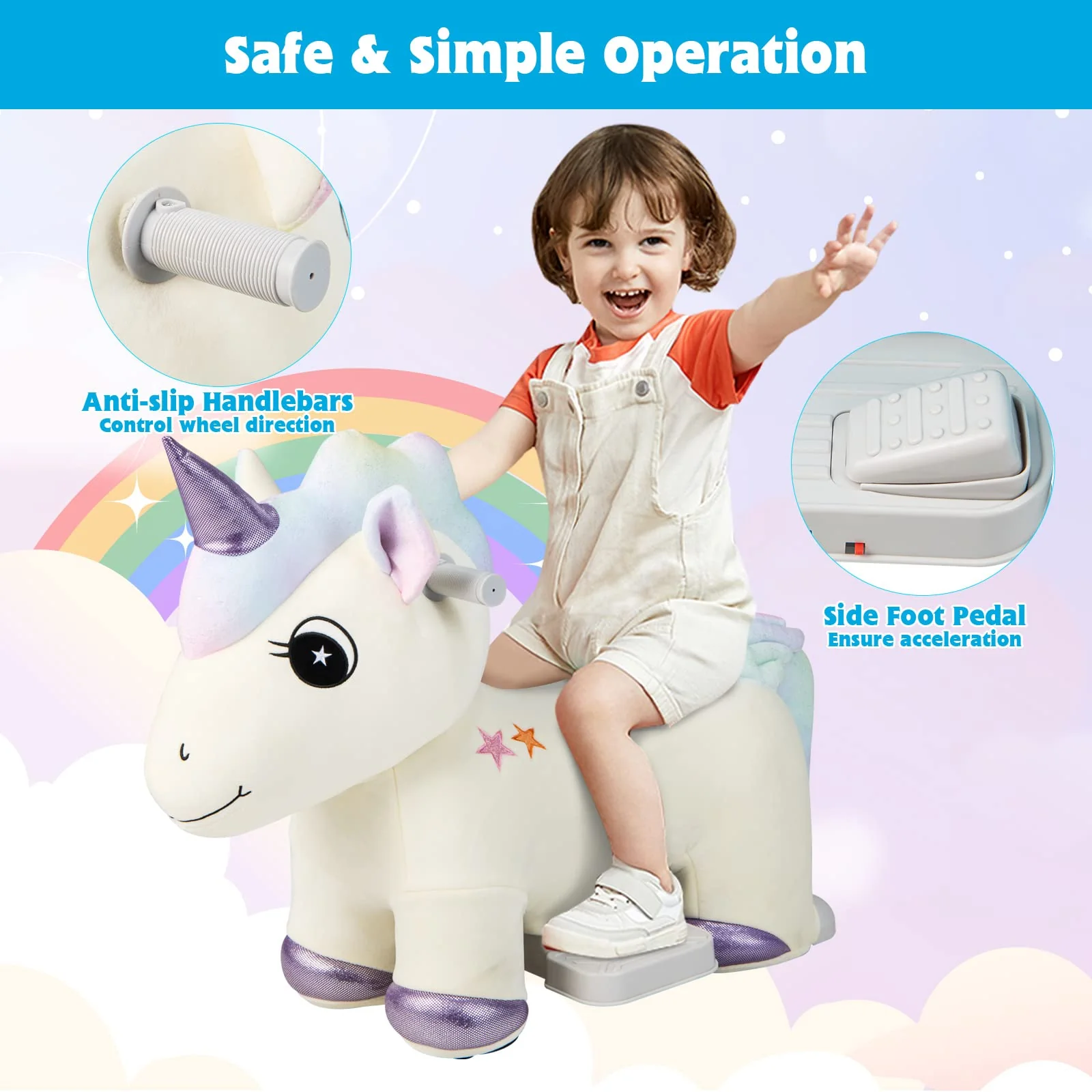 HONEY JOY Kids Ride On Toy, 6V Electric Unicorn Ride On Toy w/Anti-Slip Handlebars, Flexible Wheels & Foot Pedal - Image 4