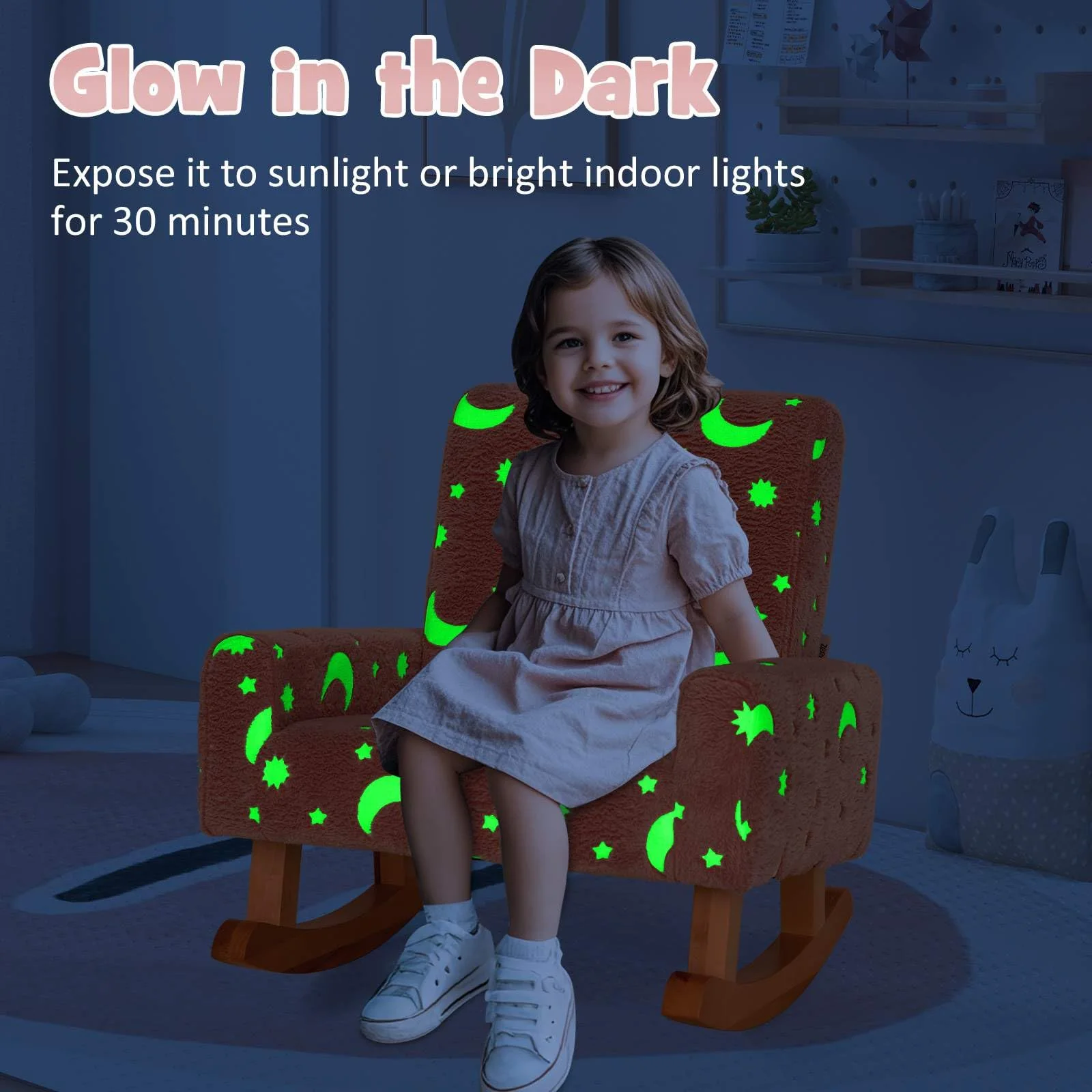 HONEY JOY Kids Rocking Chair, Glow in The Dark,Upholstered Flannel Children Rocker with Solid Poplar Wood Rocking Feet - Image 2