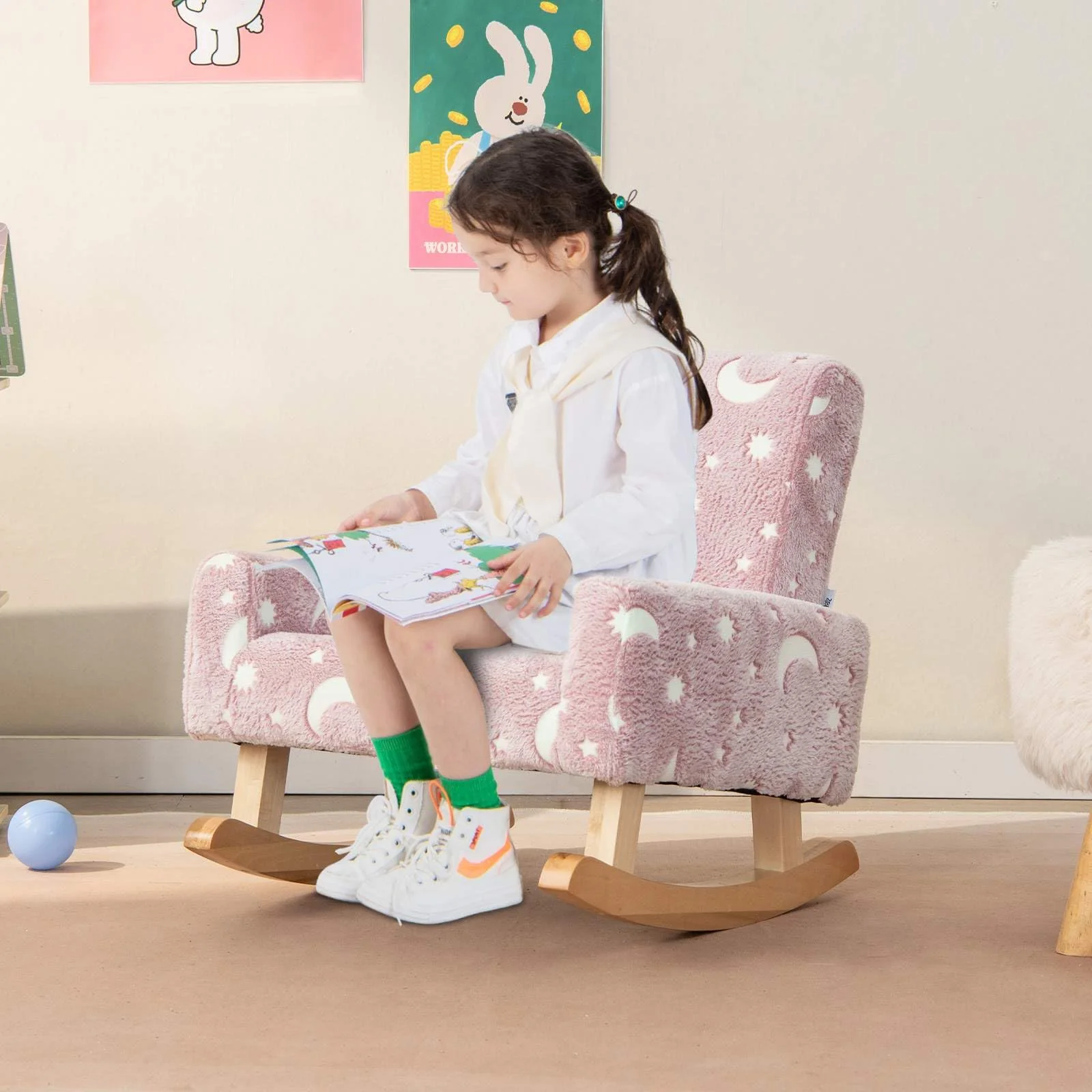 HONEY JOY Kids Rocking Chair, Glow in The Dark,Upholstered Flannel Children Rocker with Solid Poplar Wood Rocking Feet - Image 3