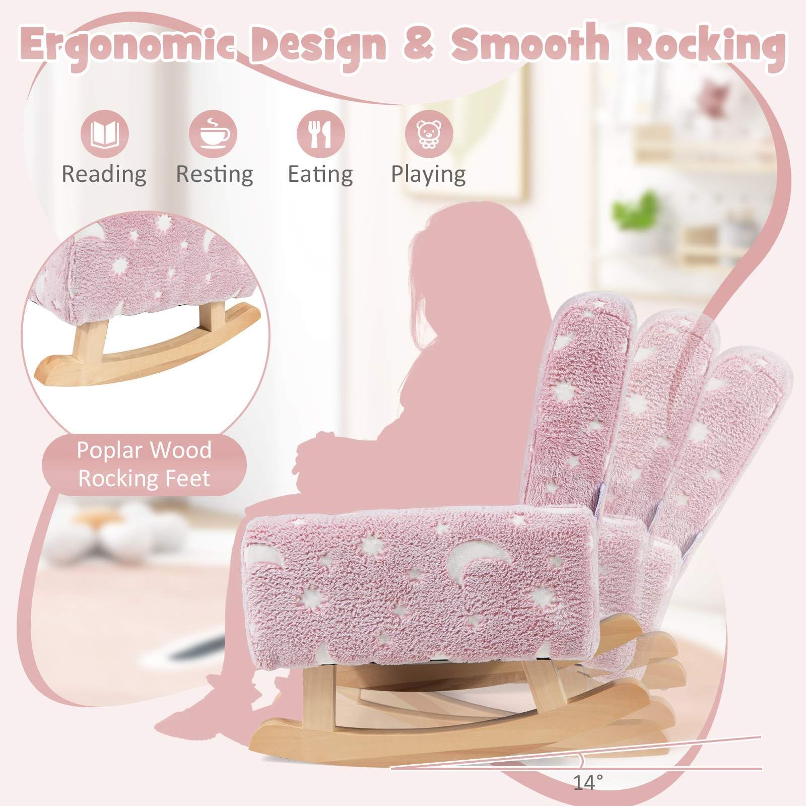 HONEY JOY Kids Rocking Chair, Glow in The Dark,Upholstered Flannel Children Rocker with Solid Poplar Wood Rocking Feet - Image 5