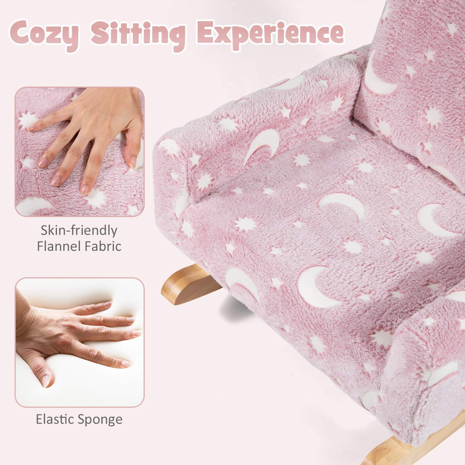 HONEY JOY Kids Rocking Chair, Glow in The Dark,Upholstered Flannel Children Rocker with Solid Poplar Wood Rocking Feet - Image 7