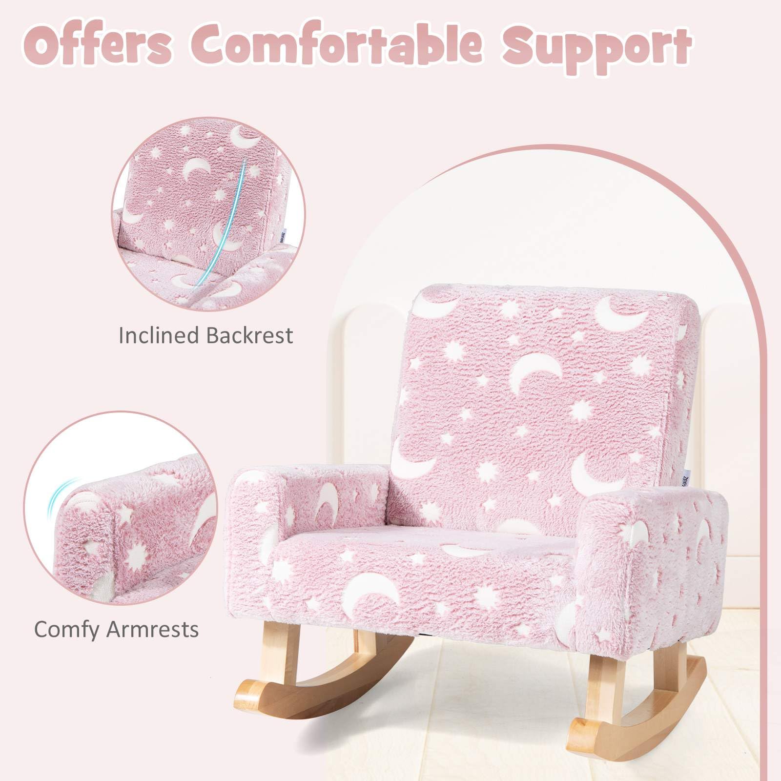 HONEY JOY Kids Rocking Chair, Glow in The Dark,Upholstered Flannel Children Rocker with Solid Poplar Wood Rocking Feet - Image 8
