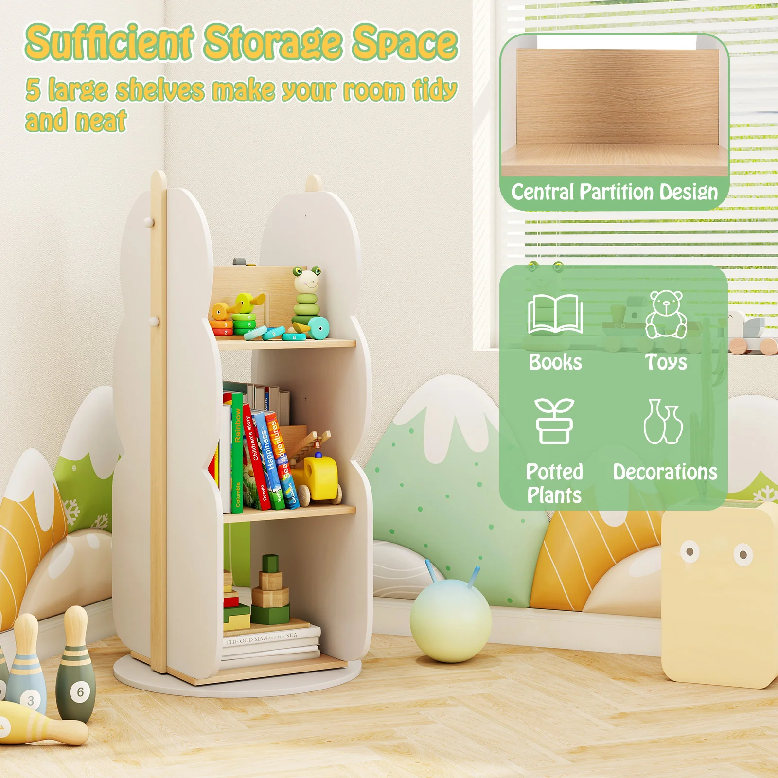 HONEY JOY Kids Rotating Bookshelf, Toy Storage Organiser w/5 Shelves - Image 5