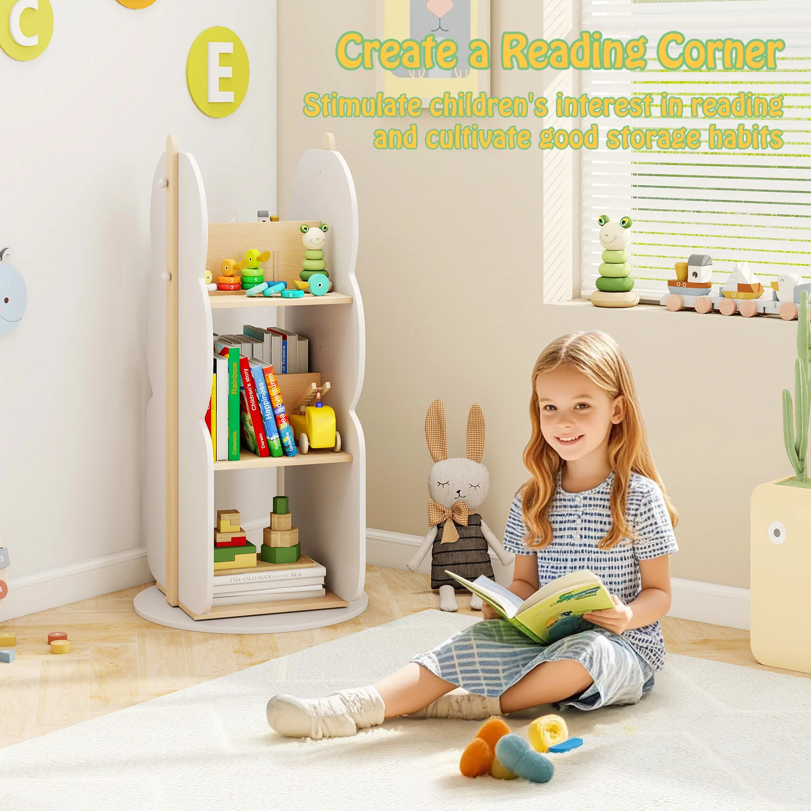 HONEY JOY Kids Rotating Bookshelf, Toy Storage Organiser w/5 Shelves - Image 6