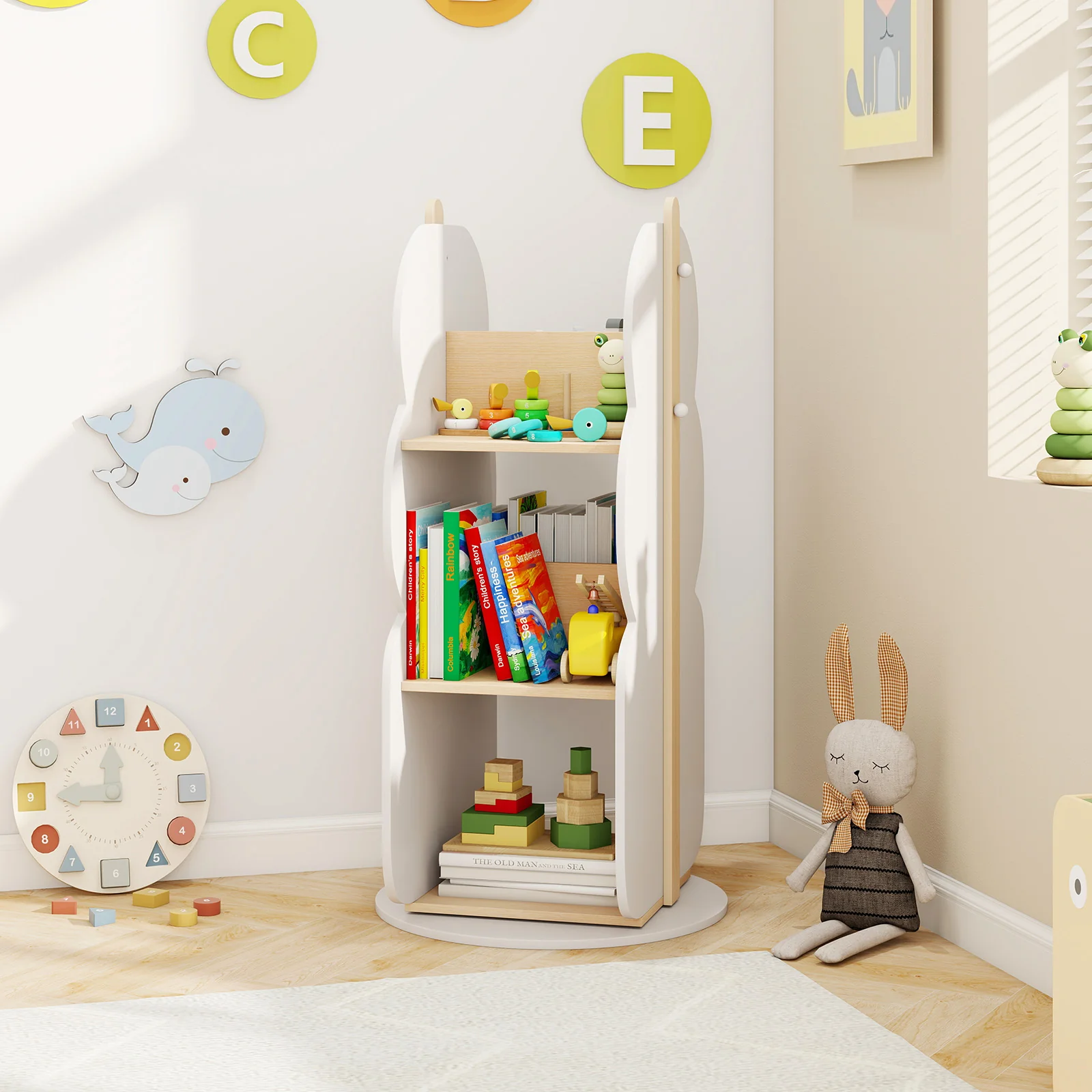 HONEY JOY Kids Rotating Bookshelf, Toy Storage Organiser w/5 Shelves - Image 7