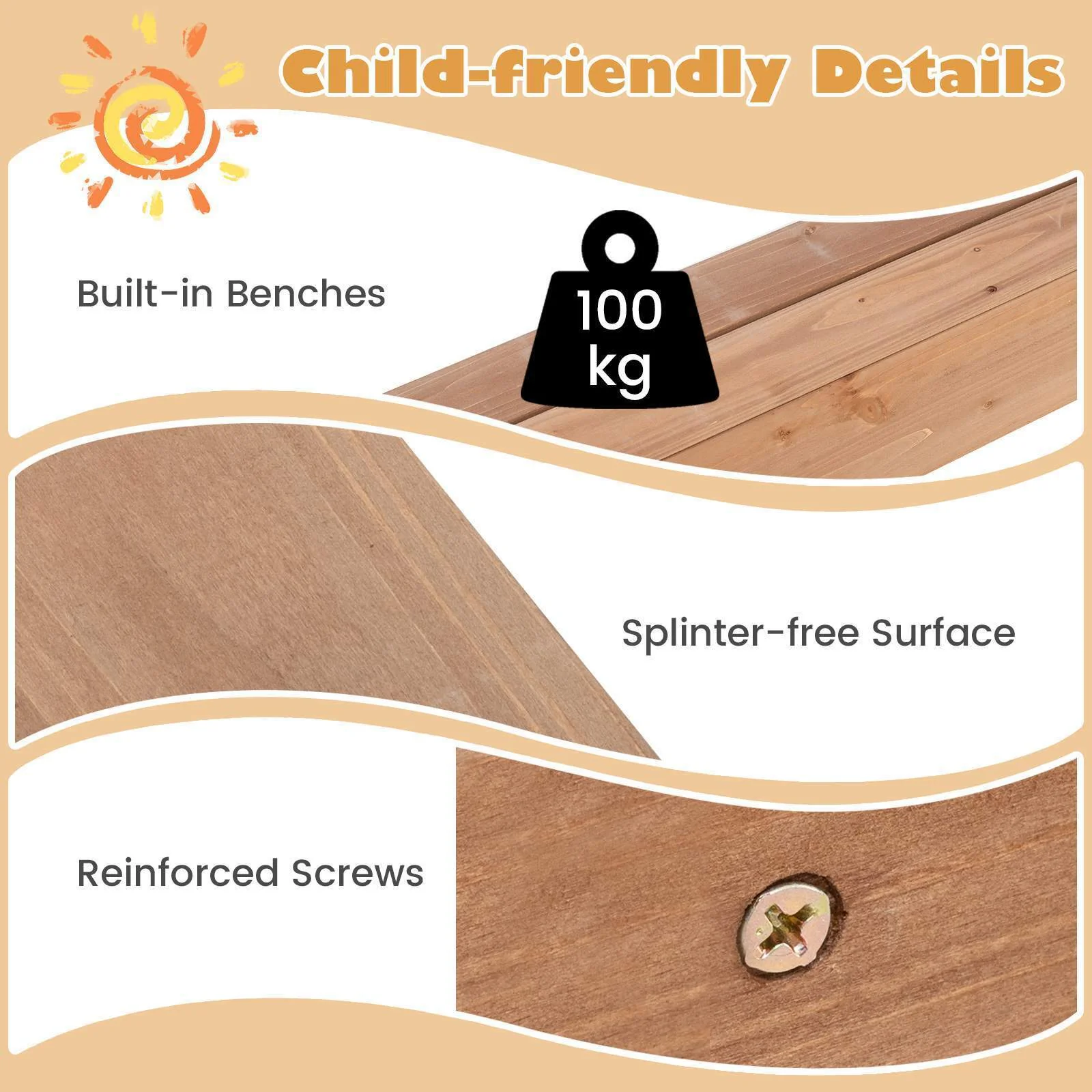 HONEY JOY Kids Sandpit Wooden Sandbox Sand Pit Play Station w/Canopy Bench Seats - Image 4