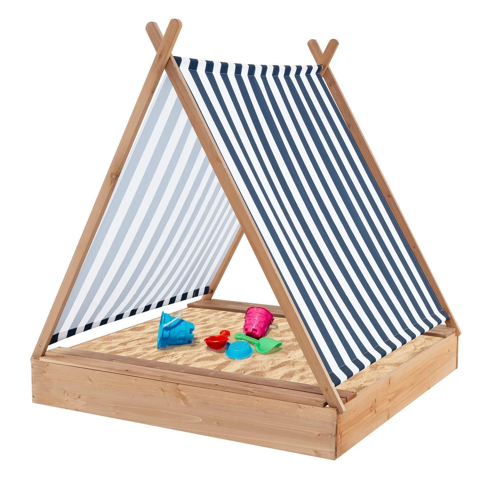 HONEY JOY Kids Sandpit Wooden Sandbox Sand Pit Play Station w/Canopy Bench Seats - Image 9