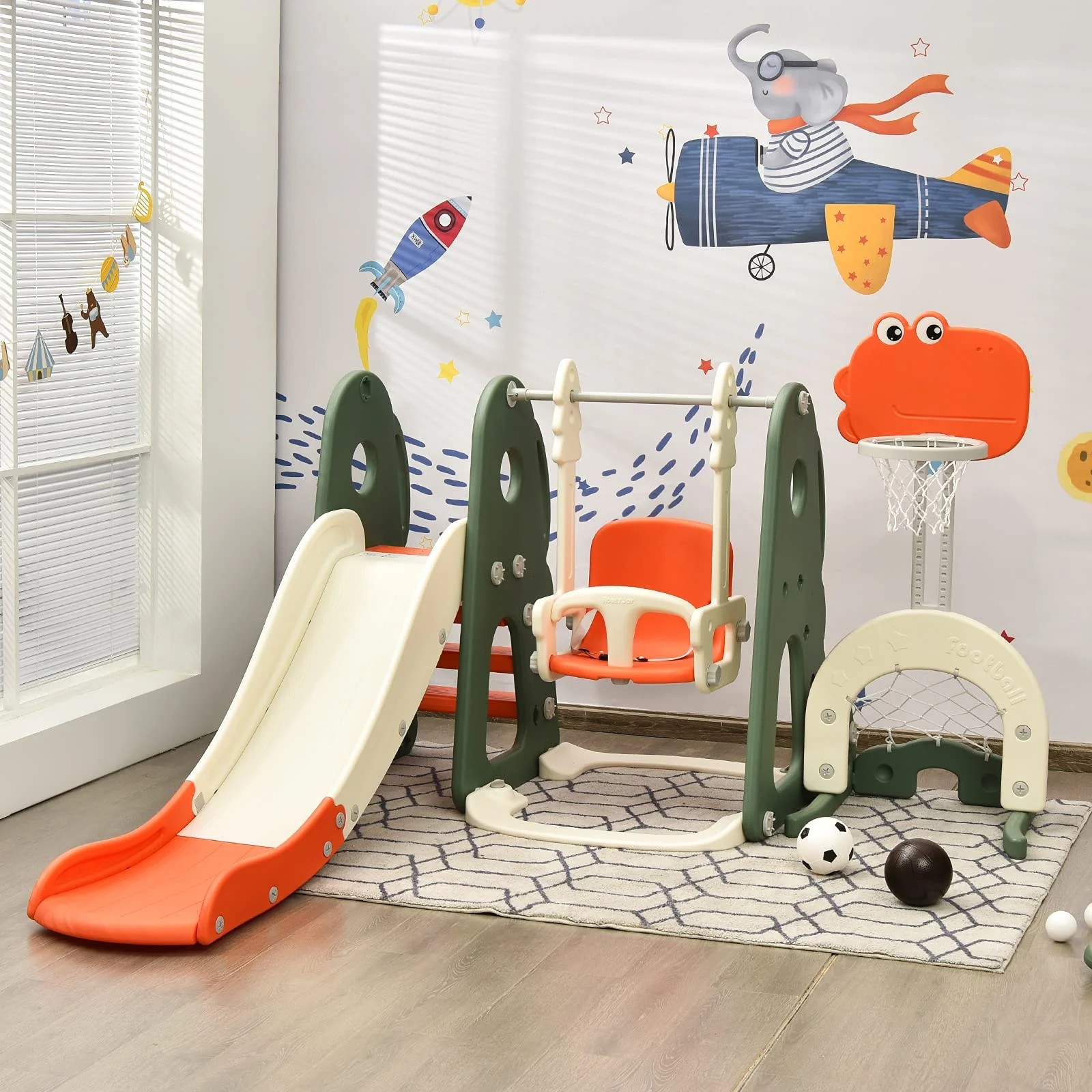 HONEY JOY Kids Slide and Swing Set, 6-in-1 Toddler Climber Slide Playset w/Basketball Hoop, Football Gate & Golf Hole - Image 2