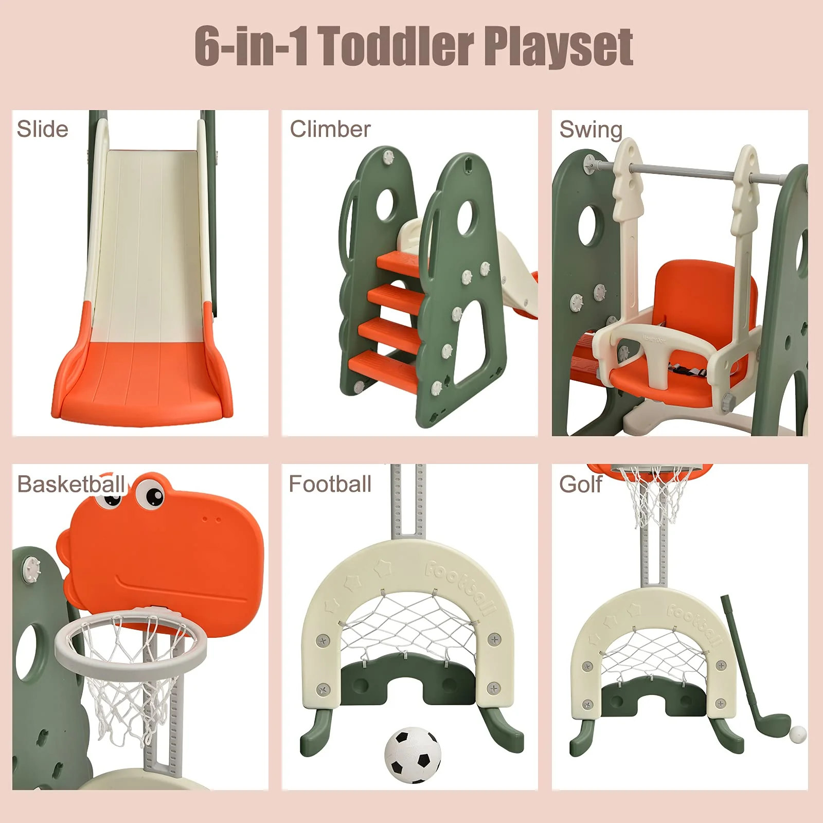 HONEY JOY Kids Slide and Swing Set, 6-in-1 Toddler Climber Slide Playset w/Basketball Hoop, Football Gate & Golf Hole - Image 7