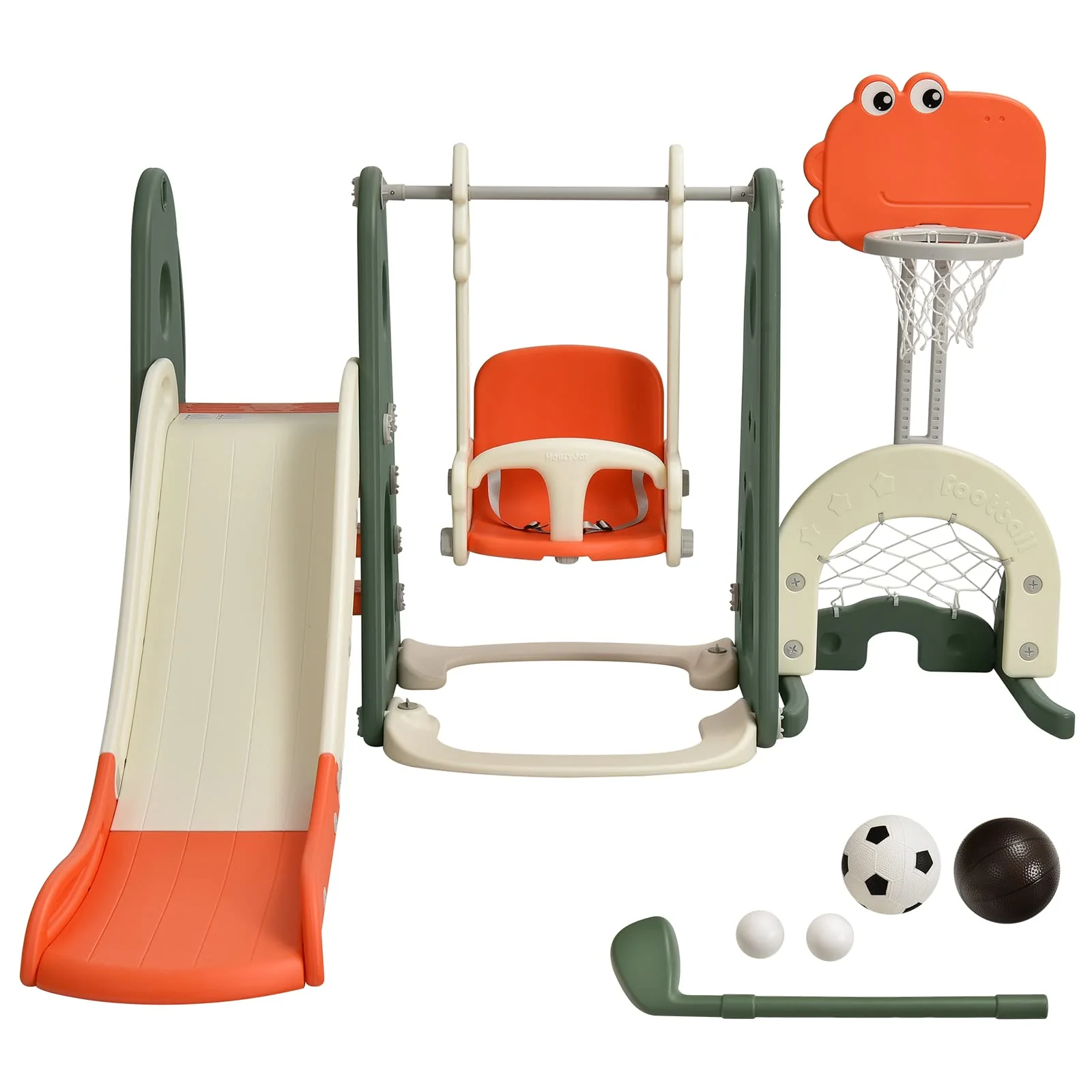 HONEY JOY Kids Slide and Swing Set, 6-in-1 Toddler Climber Slide Playset w/Basketball Hoop, Football Gate & Golf Hole - Image 9