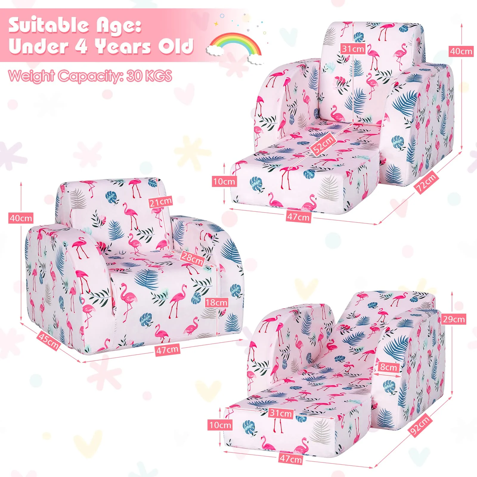 HONEY JOY Kids Sofa, 3 in 1 Convertible Flip Open Couch w/Foam-Padded Seat - Image 9