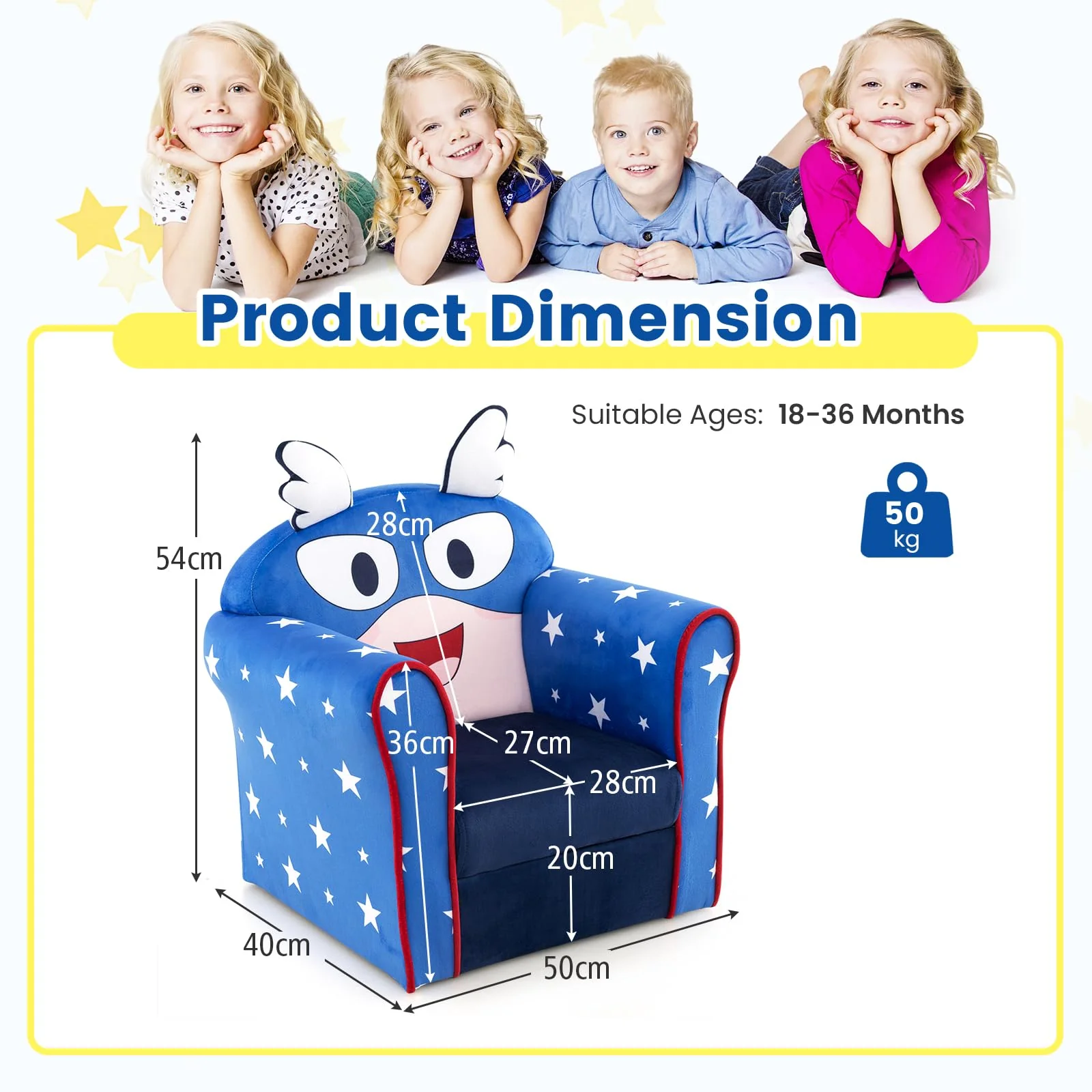 HONEY JOY Kids Sofa Chair, Kids Armchair w/Cute Pattern, Velvet Fabric Cover - Image 3