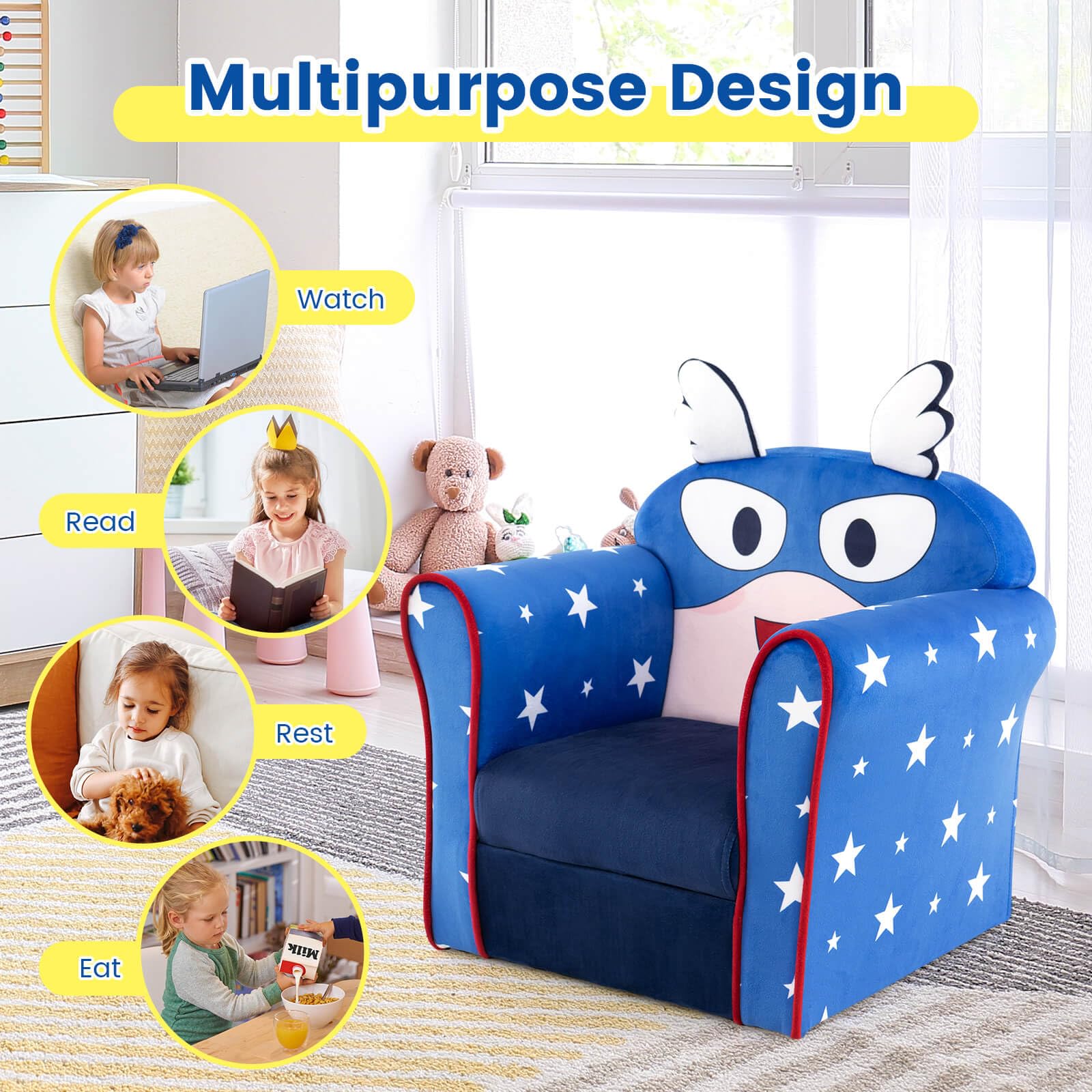 HONEY JOY Kids Sofa Chair, Kids Armchair w/Cute Pattern, Velvet Fabric Cover - Image 5
