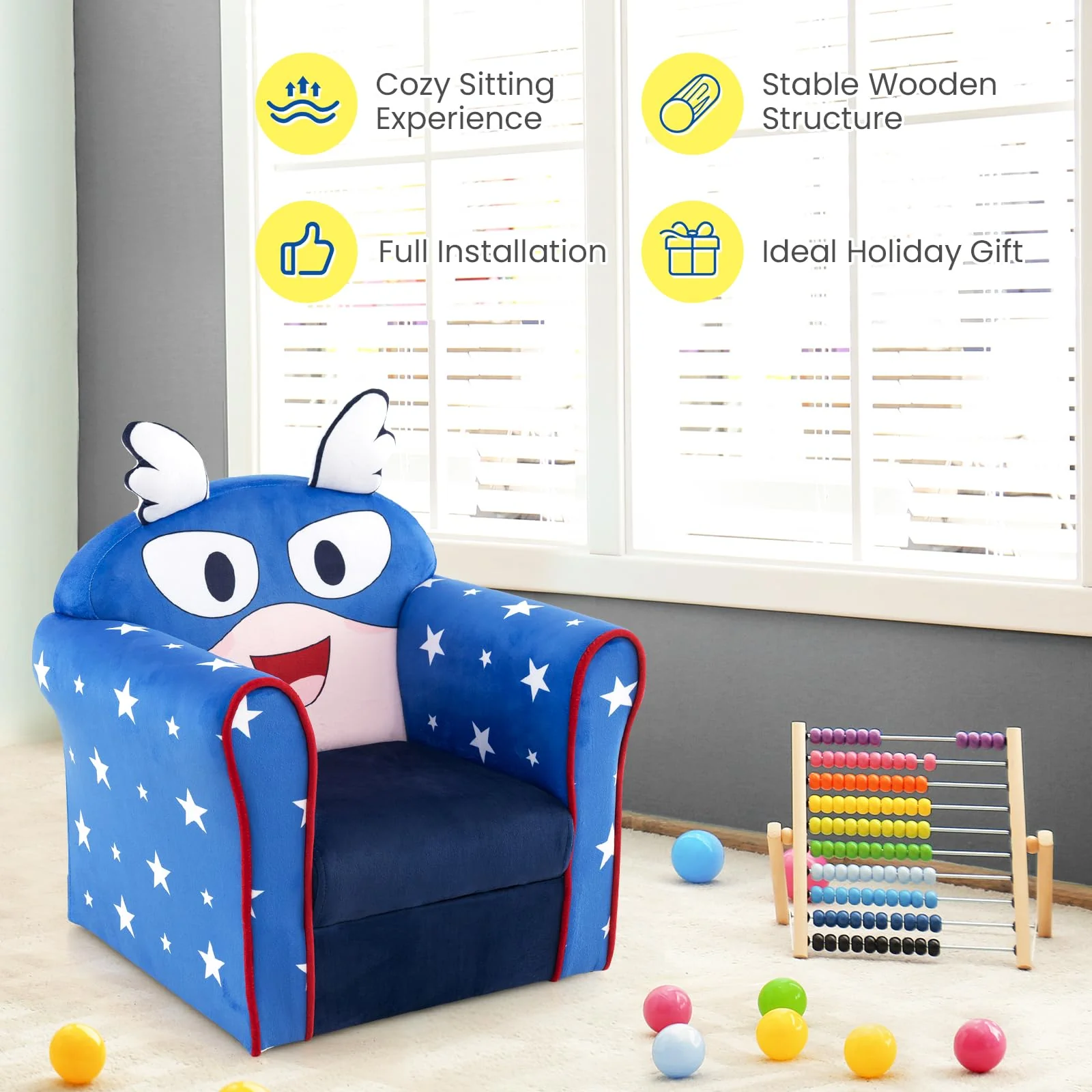 HONEY JOY Kids Sofa Chair, Kids Armchair w/Cute Pattern, Velvet Fabric Cover - Image 7
