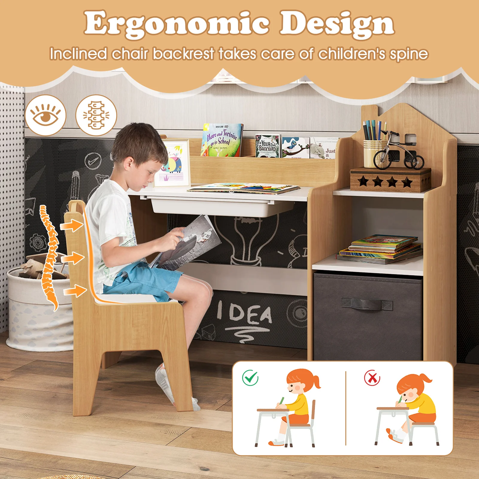 HONEY JOY Kids Study Desk and Chair Set, Children Study Table - Image 8