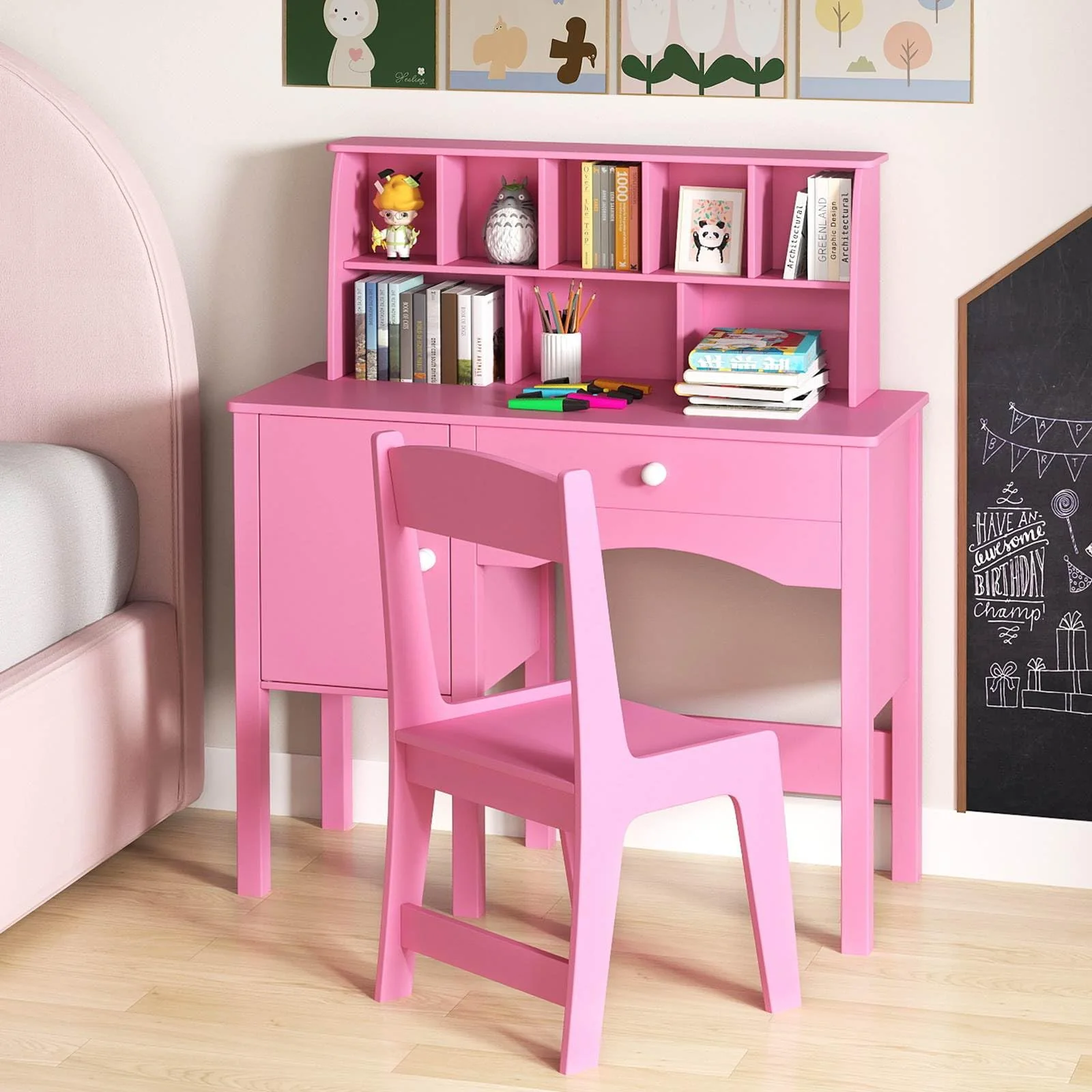 HONEY JOY Kids Study Desk and Chair Set, Children Wooden Craft Table with Chair, Hutch and Storage Cabinet for 3+ Years Old - Image 11