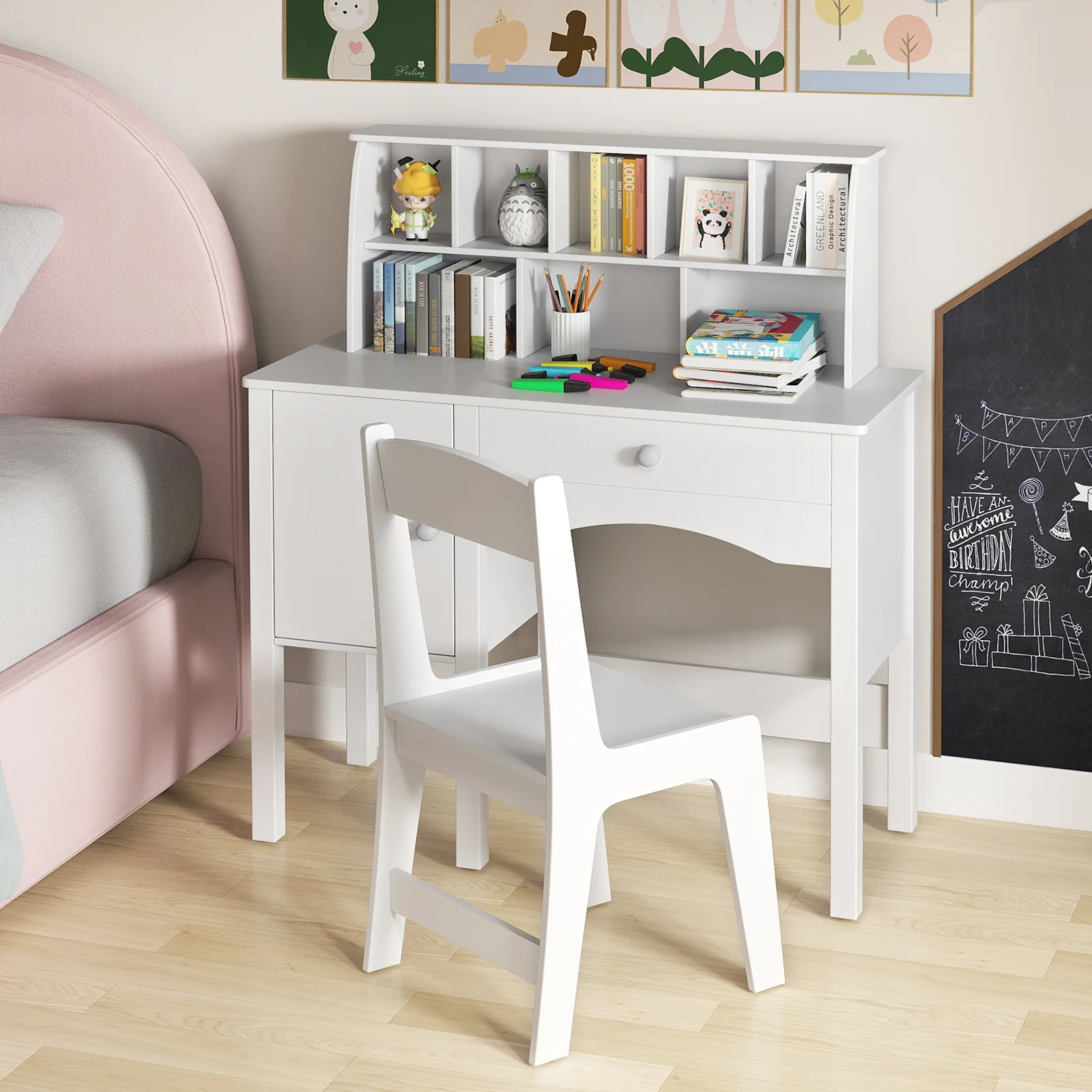 HONEY JOY Kids Study Desk and Chair Set, Children Wooden Craft Table with Chair, Hutch and Storage Cabinet for 3+ Years Old - Image 2
