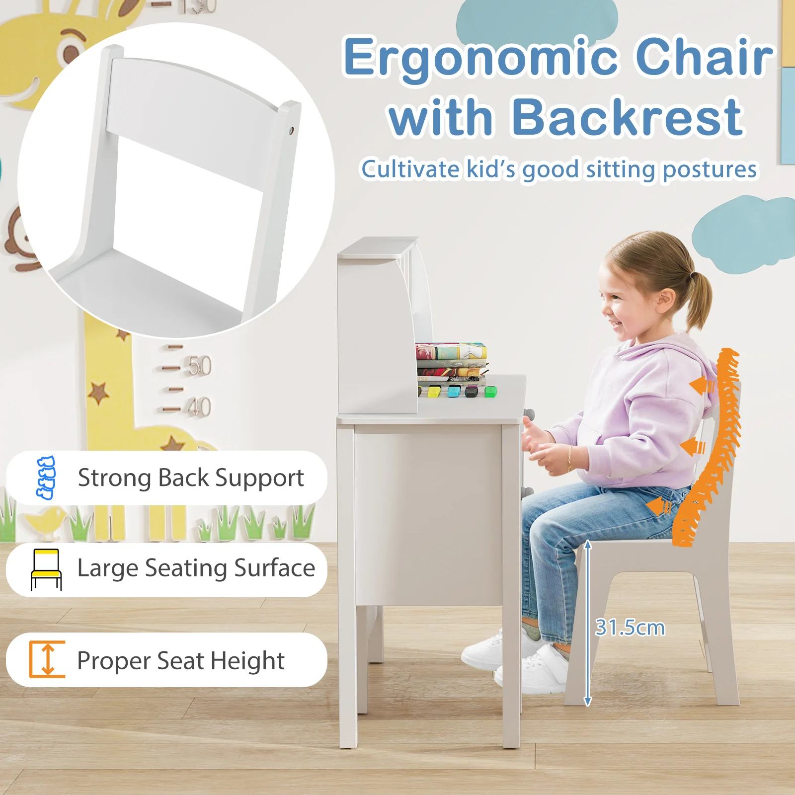 HONEY JOY Kids Study Desk and Chair Set, Children Wooden Craft Table with Chair, Hutch and Storage Cabinet for 3+ Years Old - Image 6