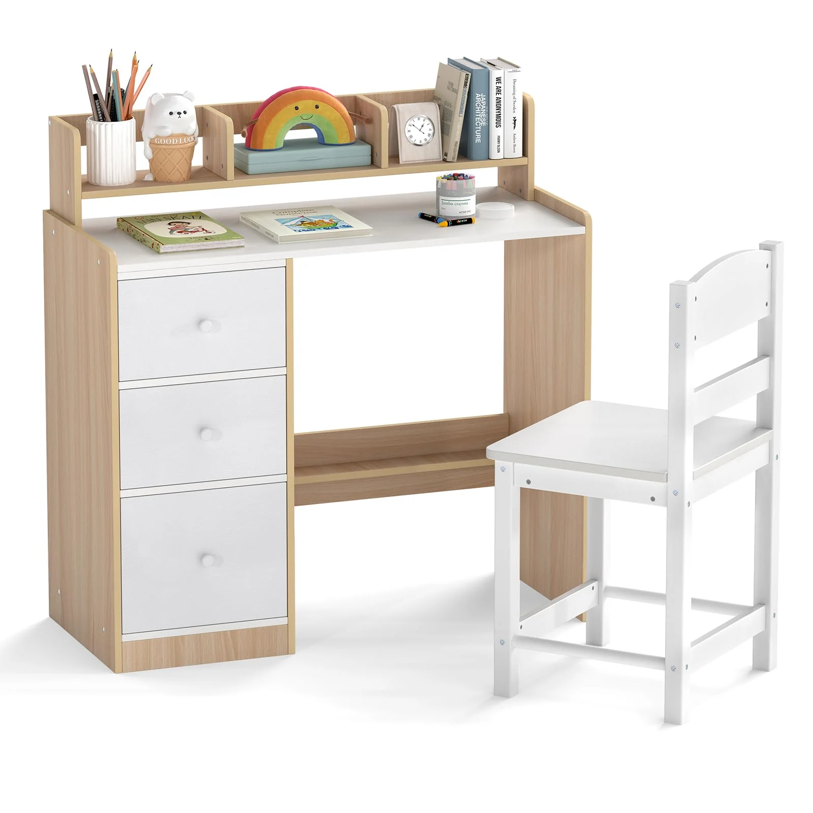 HONEY JOY Kids Study Desk and Chair Set w/Hutch & Storage Shelf for Arts, Crafts