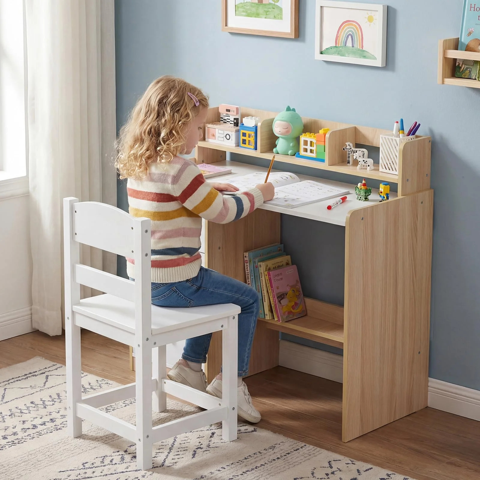 HONEY JOY Kids Study Desk and Chair Set w/Hutch & Storage Shelf for Arts, Crafts - Image 2