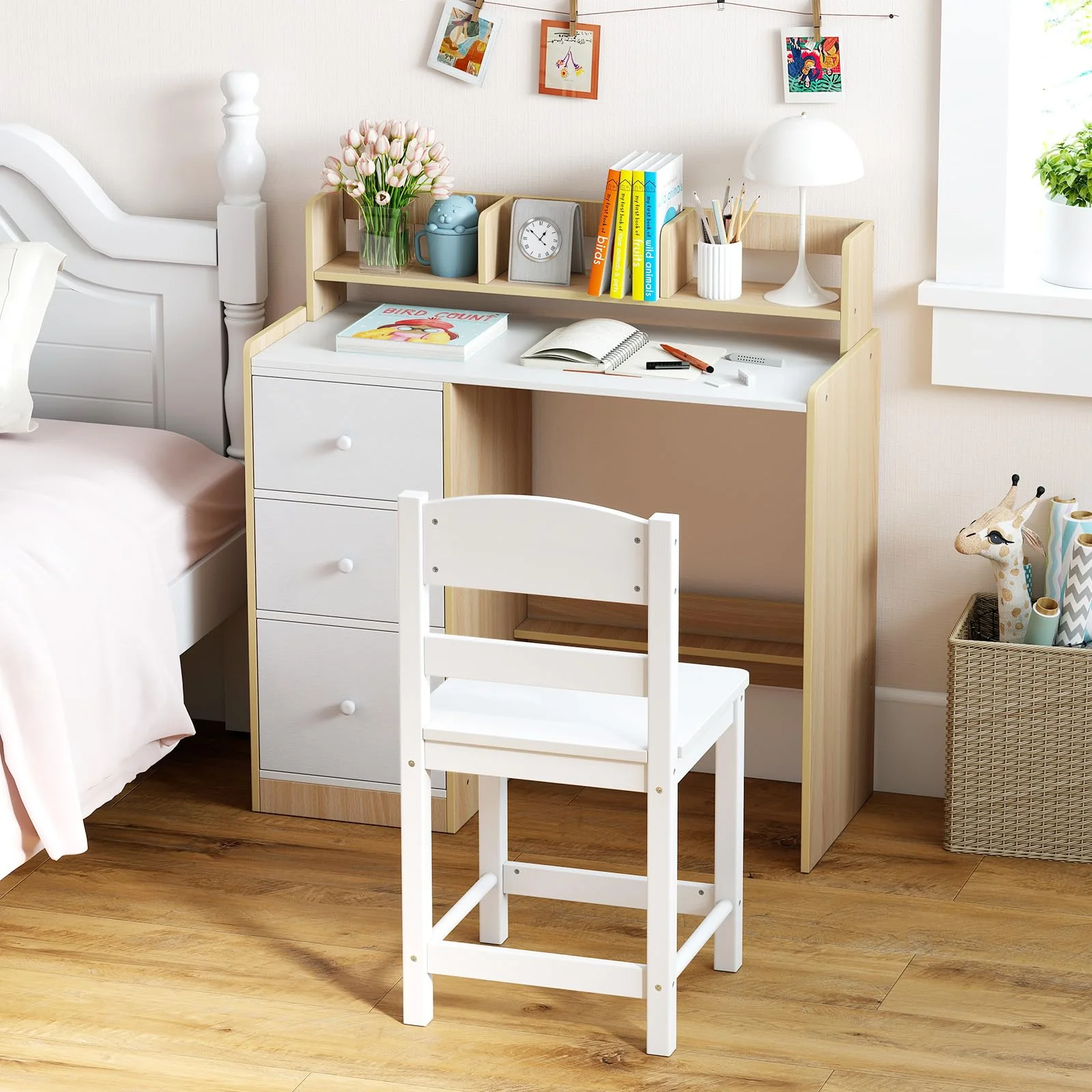 HONEY JOY Kids Study Desk and Chair Set w/Hutch & Storage Shelf for Arts, Crafts - Image 3