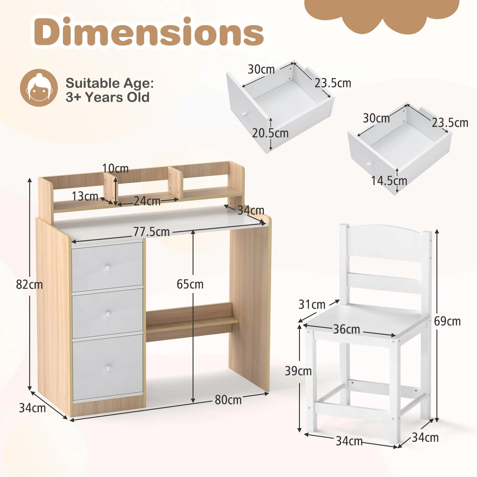HONEY JOY Kids Study Desk and Chair Set w/Hutch & Storage Shelf for Arts, Crafts - Image 4