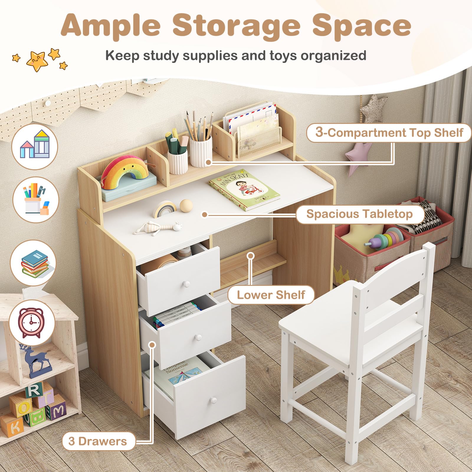 HONEY JOY Kids Study Desk and Chair Set w/Hutch & Storage Shelf for Arts, Crafts - Image 5