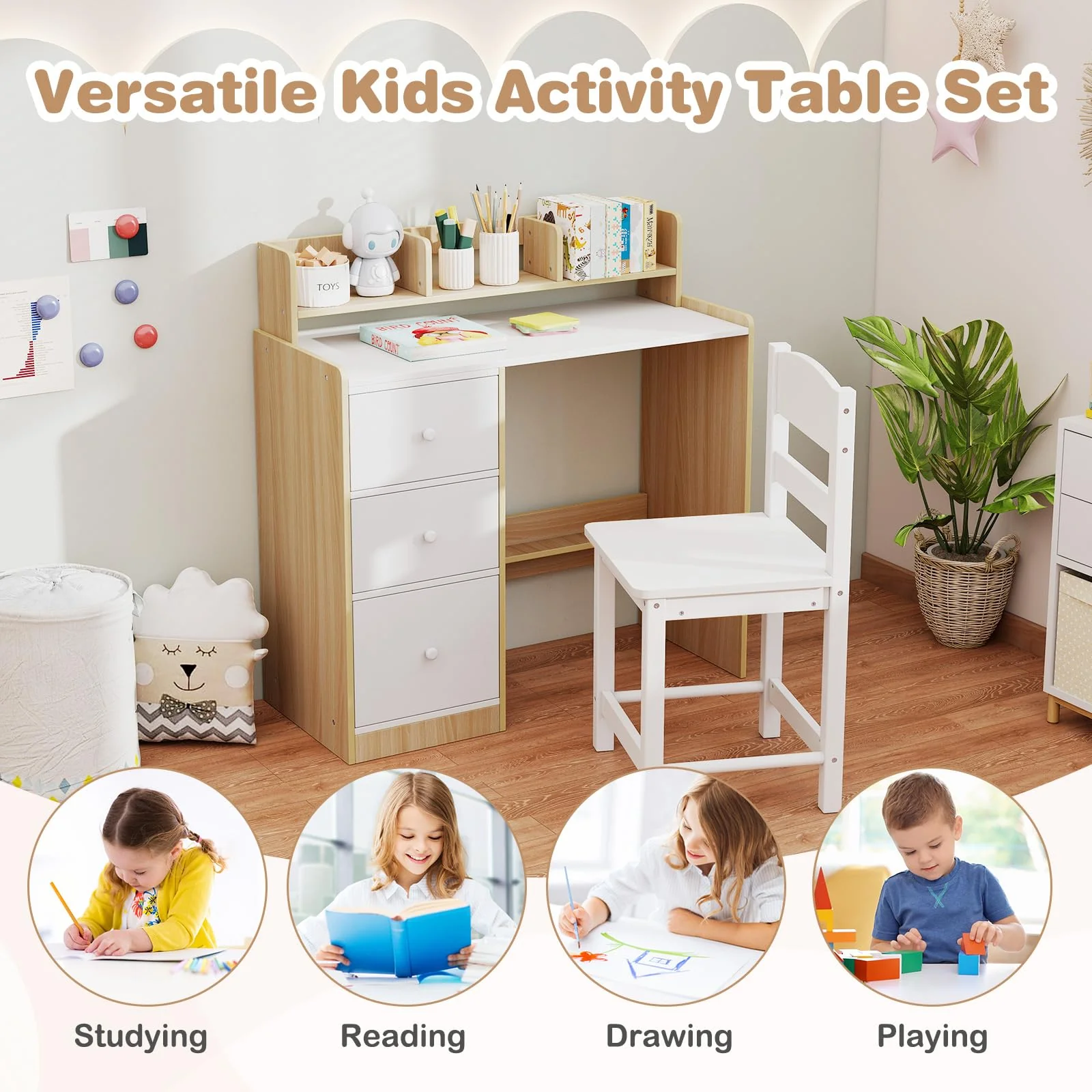 HONEY JOY Kids Study Desk and Chair Set w/Hutch & Storage Shelf for Arts, Crafts - Image 8