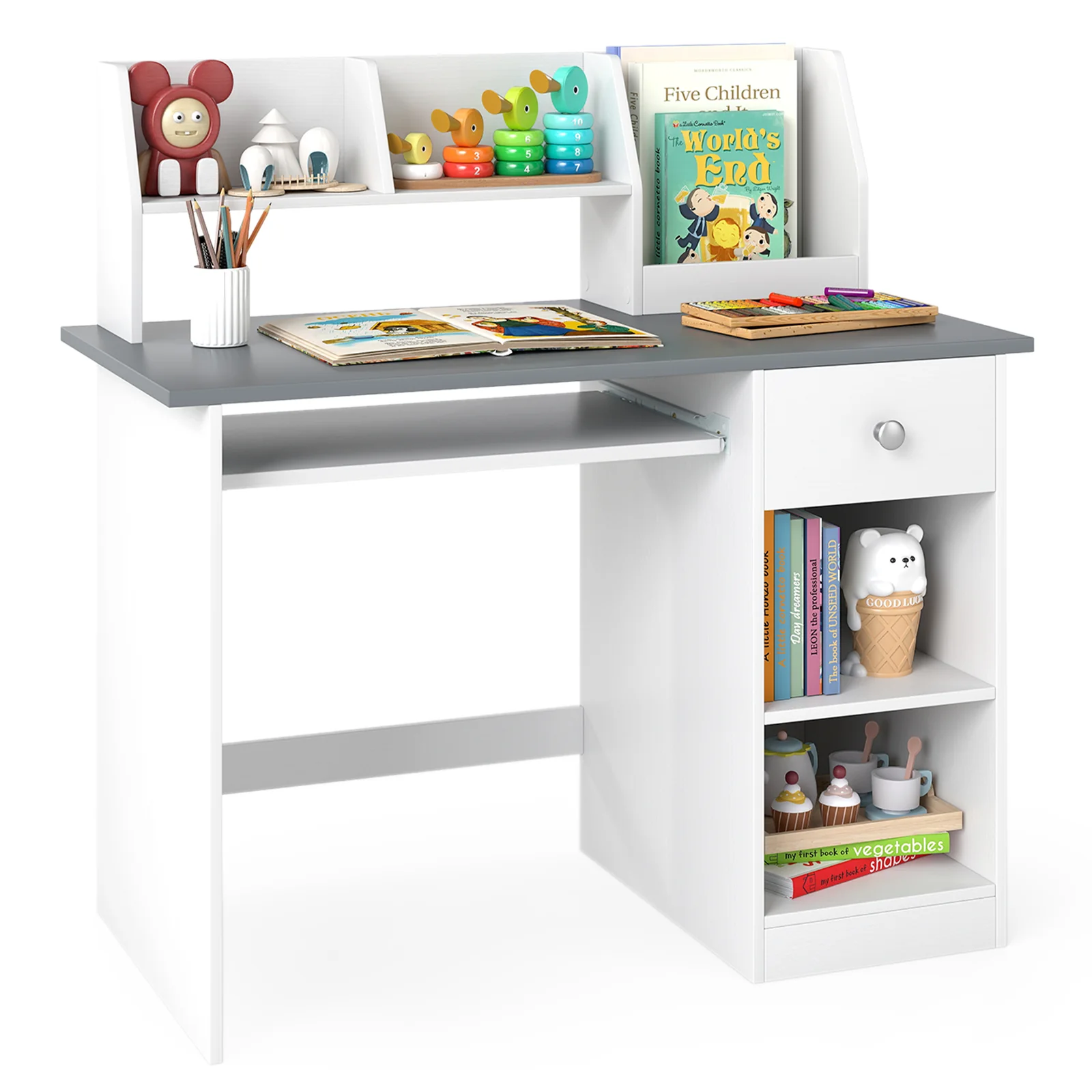 HONEY JOY Kids Study Desk, Children Writing Table w/Hutch - Image 11