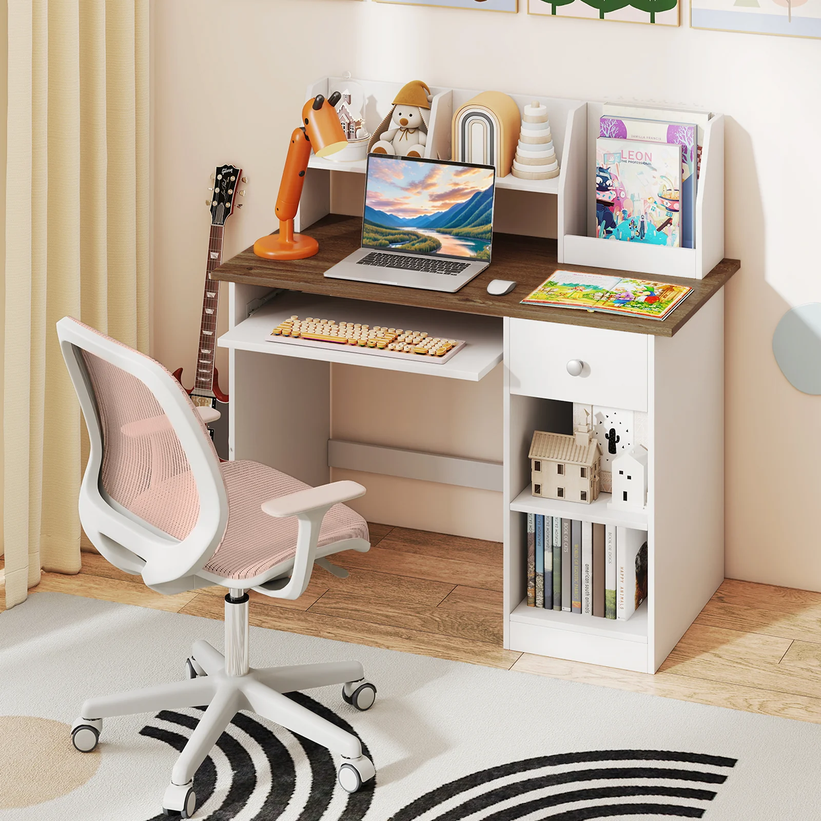 HONEY JOY Kids Study Desk, Children Writing Table w/Hutch - Image 2