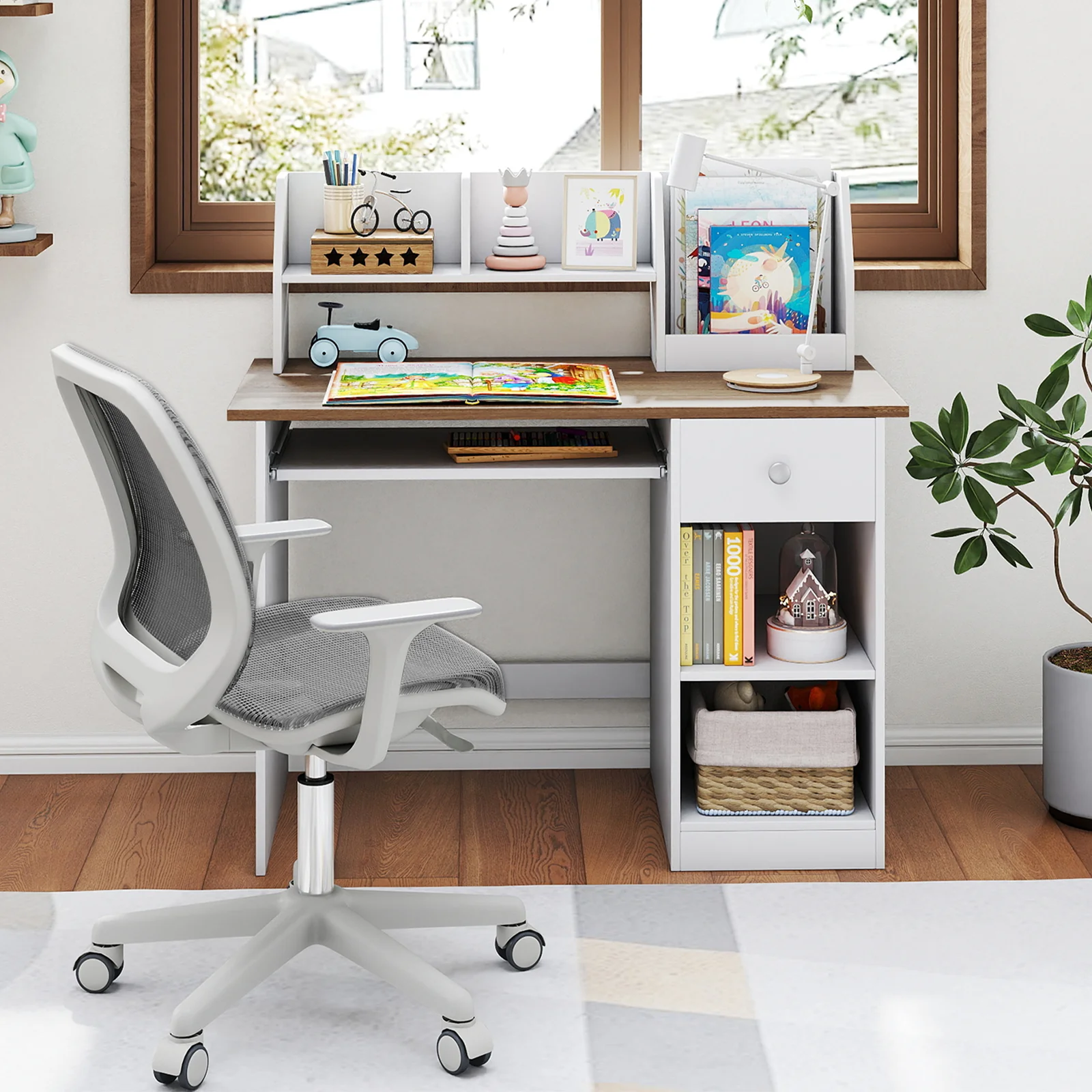 HONEY JOY Kids Study Desk, Children Writing Table w/Hutch - Image 3