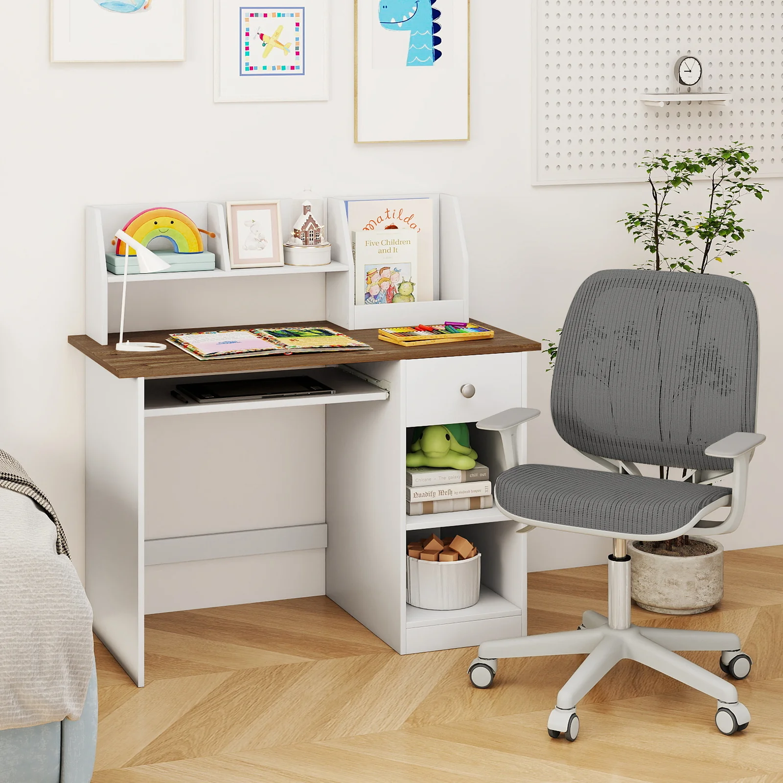 HONEY JOY Kids Study Desk, Children Writing Table w/Hutch - Image 4
